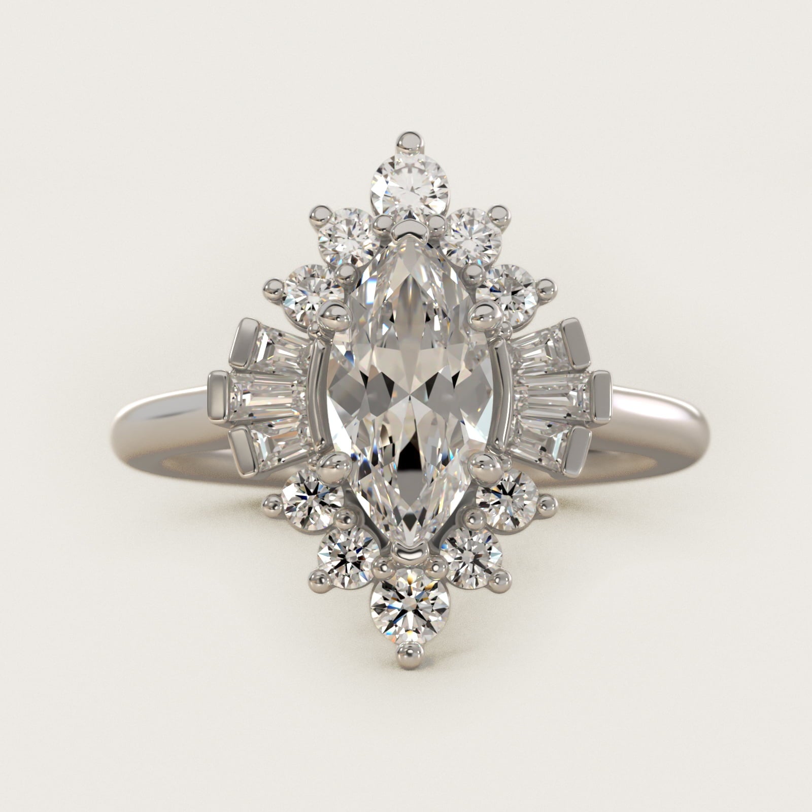 Baguette and Round Ballerina Halo Diamond Engagement Ring in Platinum - Marquise Center