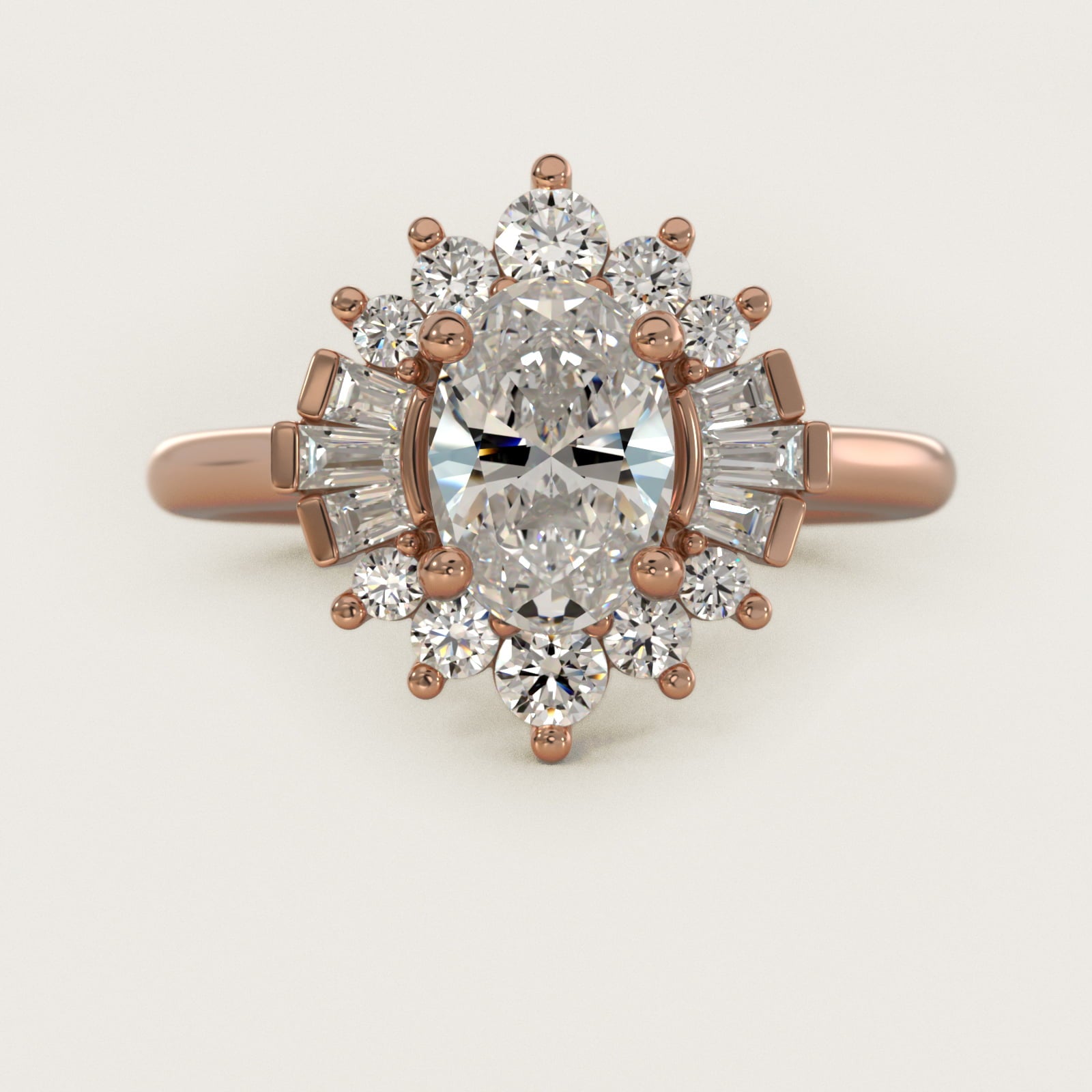 Baguette and Round Ballerina Halo Diamond Engagement Ring in 14k Rose Gold - Oval Center