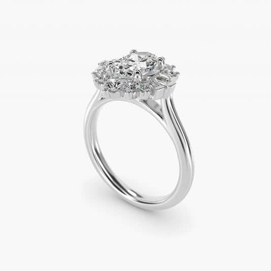 Baguette and Round Ballerina Halo Diamond Engagement Ring in 14k White Gold (1ct. tw.) - Oval Center
