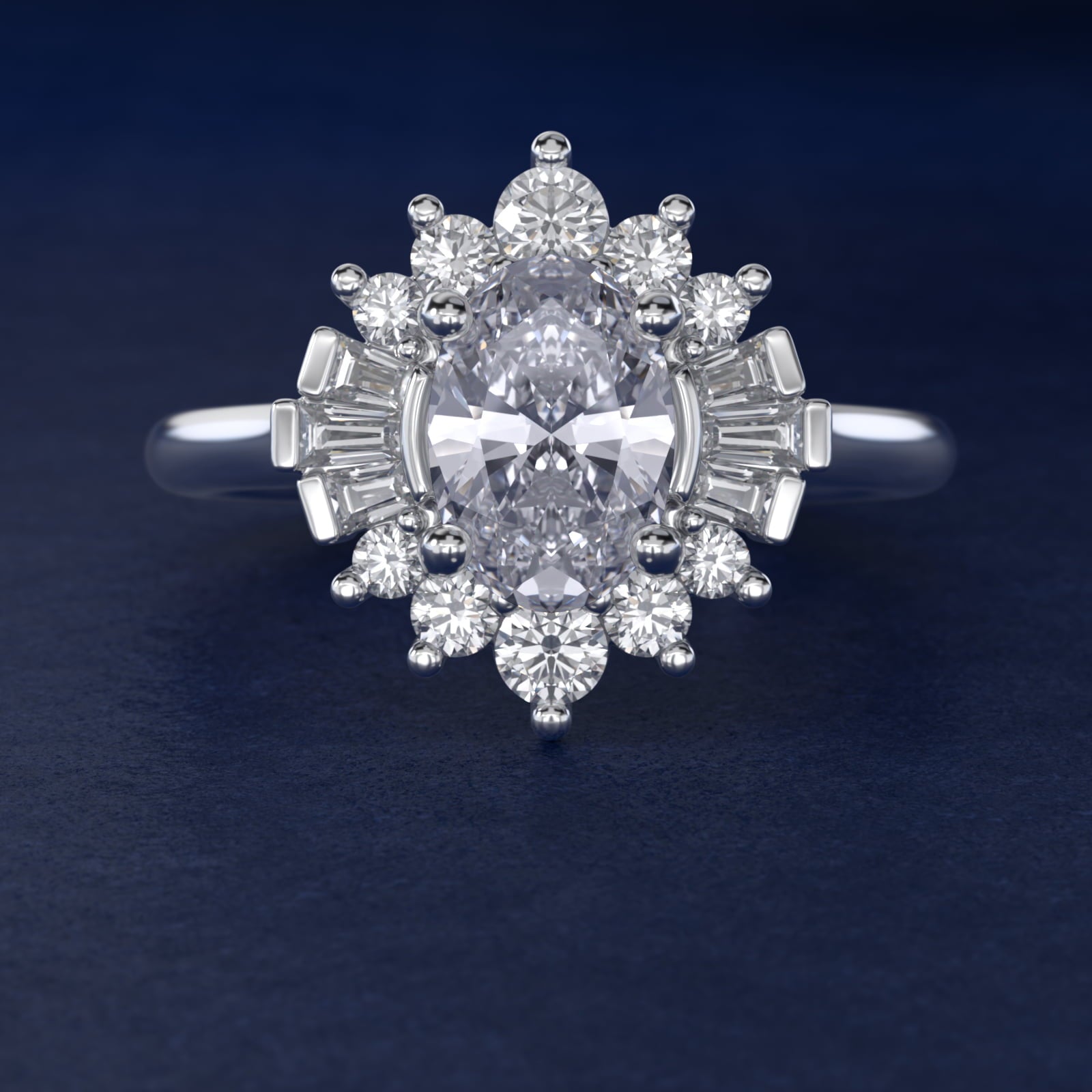 Baguette and Round Ballerina Halo Diamond Engagement Ring in 14k White Gold (1ct. tw.) - Oval Center