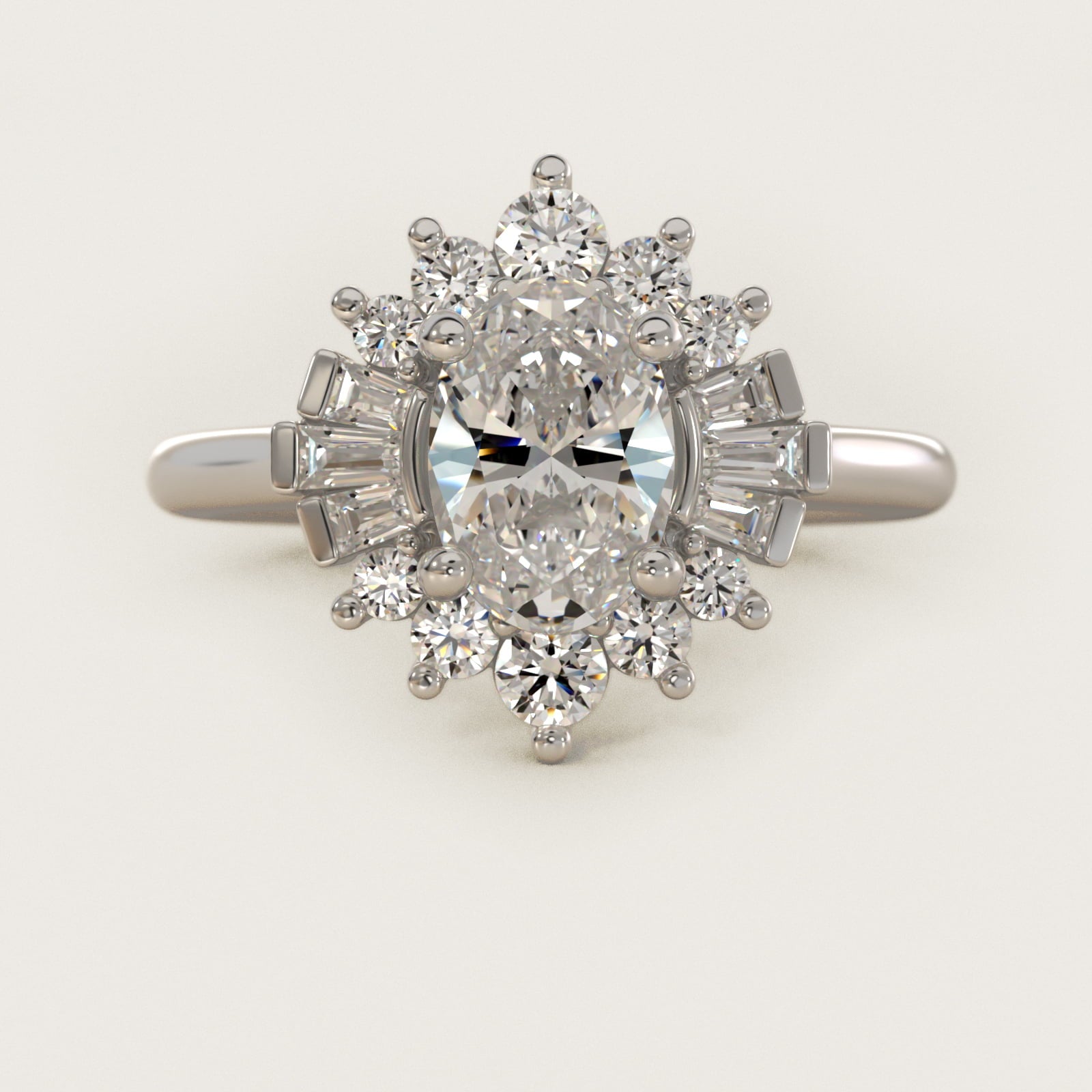 Baguette and Round Ballerina Halo Diamond Engagement Ring in 14k White Gold (1ct. tw.) - Oval Center
