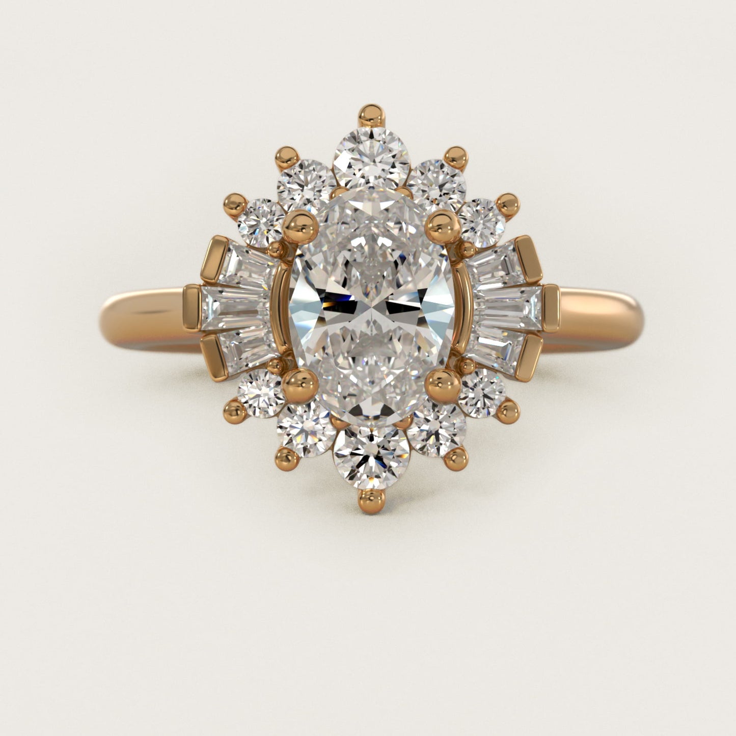 Baguette and Round Ballerina Halo Diamond Engagement Ring in 14k Yellow Gold - Oval Center