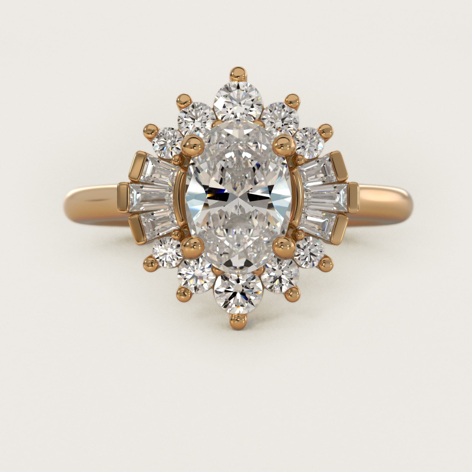 Baguette and Round Ballerina Halo Diamond Engagement Ring in 14k Yellow Gold - Oval Center