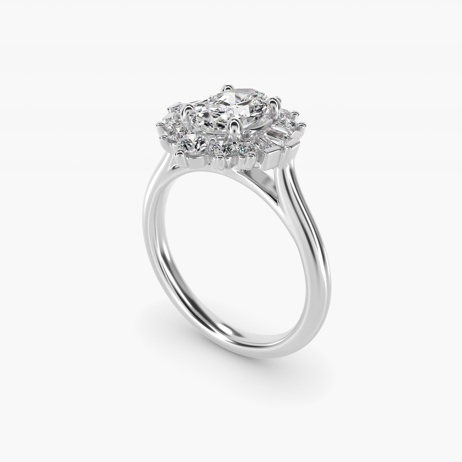 Baguette and Round Ballerina Halo Diamond Engagement Ring in Platinum - Oval Center