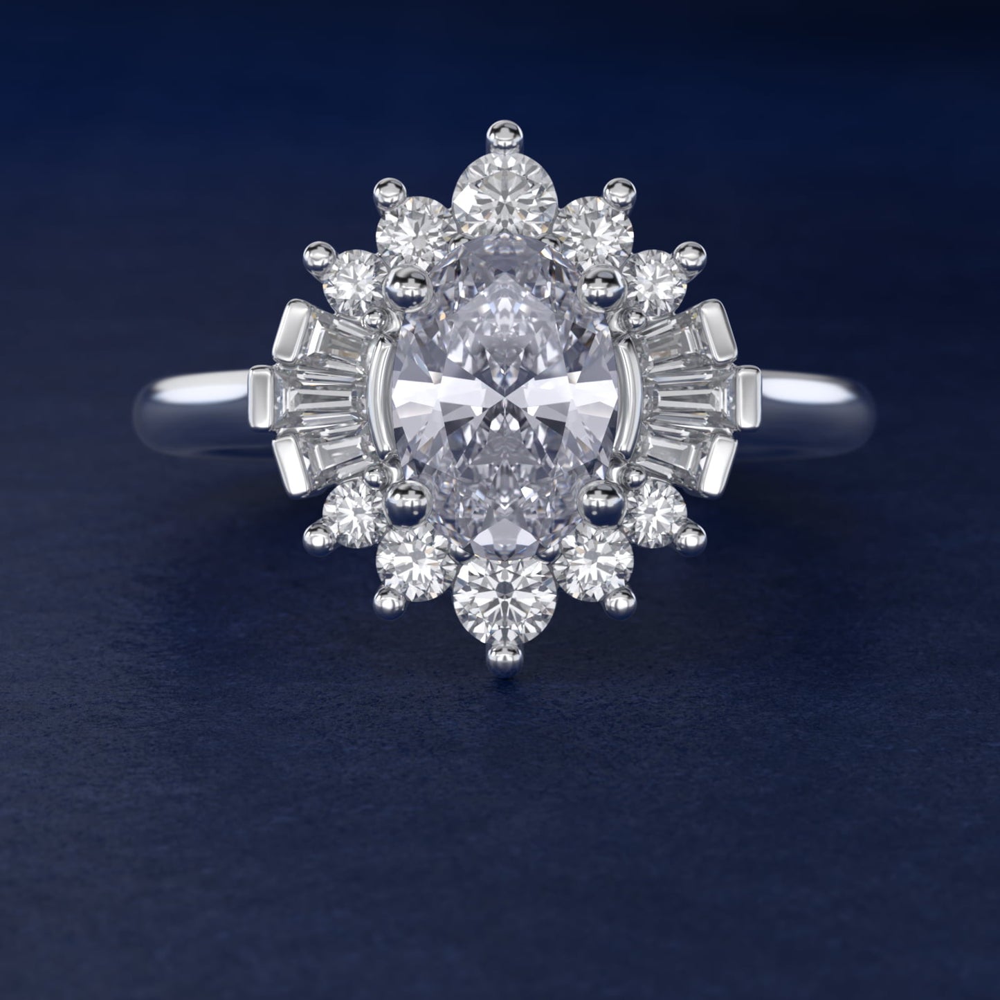 Baguette and Round Ballerina Halo Diamond Engagement Ring in Platinum - Oval Center