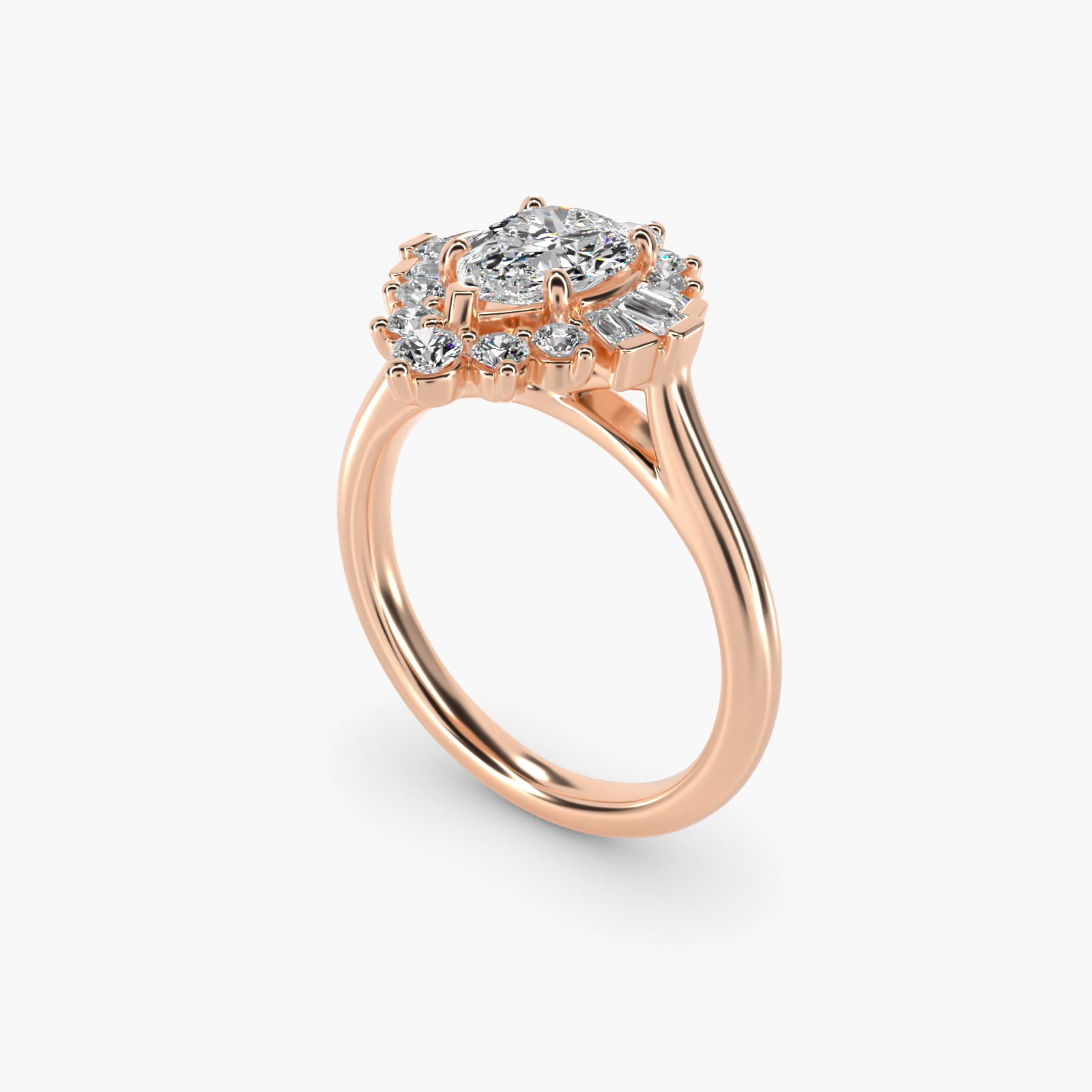 Baguette and Round Ballerina Halo Diamond Engagement Ring in 14k Rose Gold - Pear Center