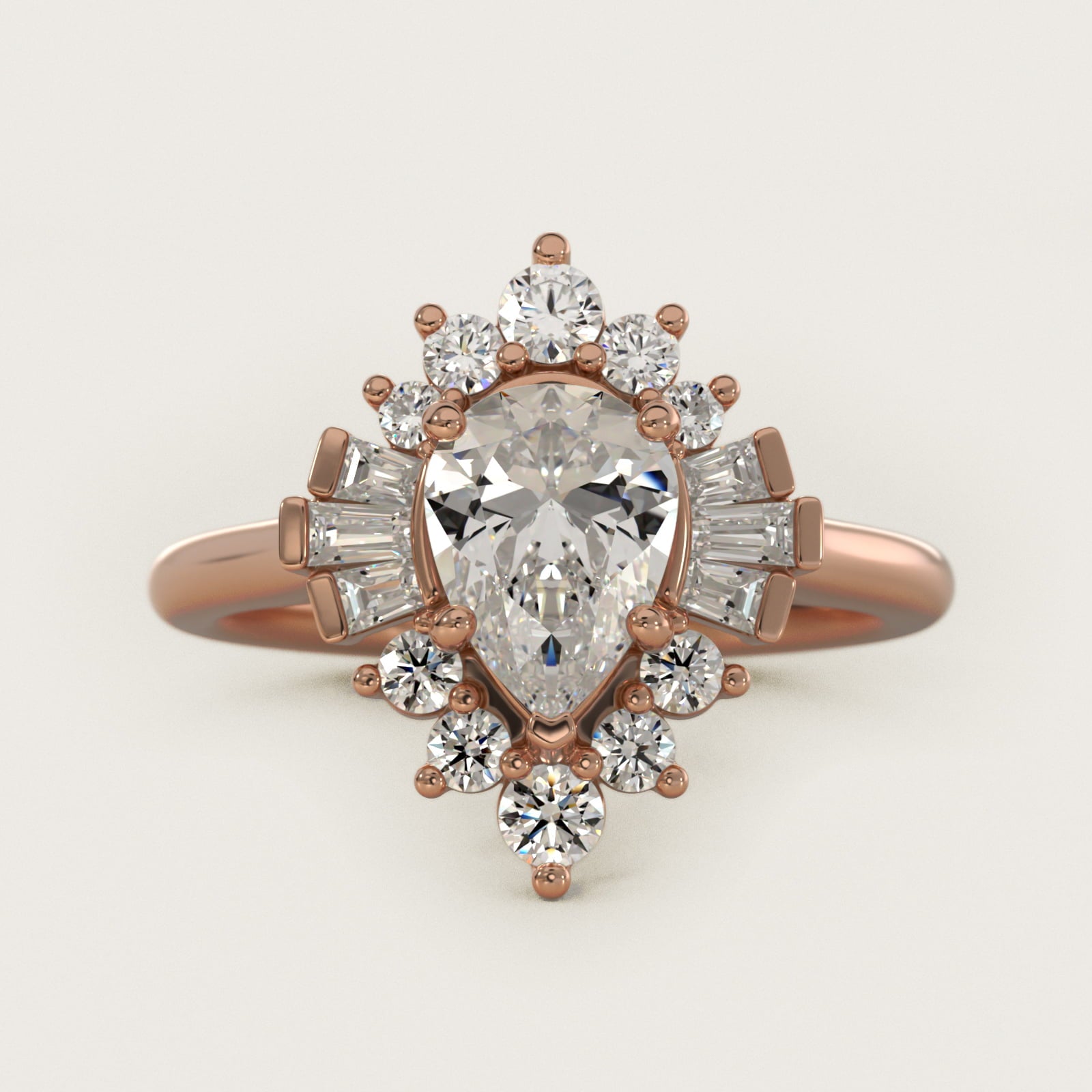Baguette and Round Ballerina Halo Diamond Engagement Ring in 14k Rose Gold - Pear Center