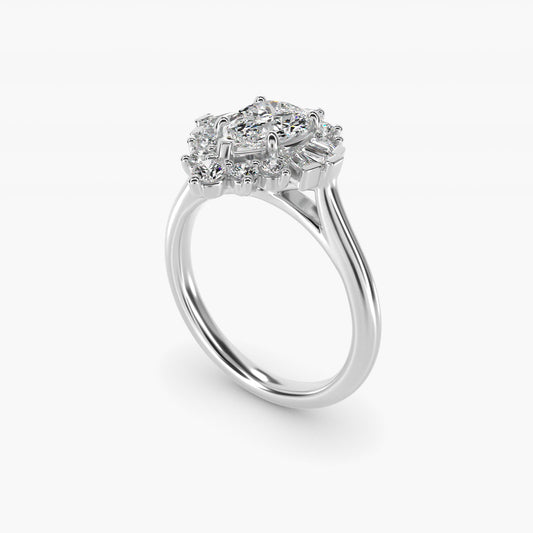 Baguette and Round Ballerina Halo Diamond Engagement Ring in 14k White Gold (1ct. tw.) - Pear Center