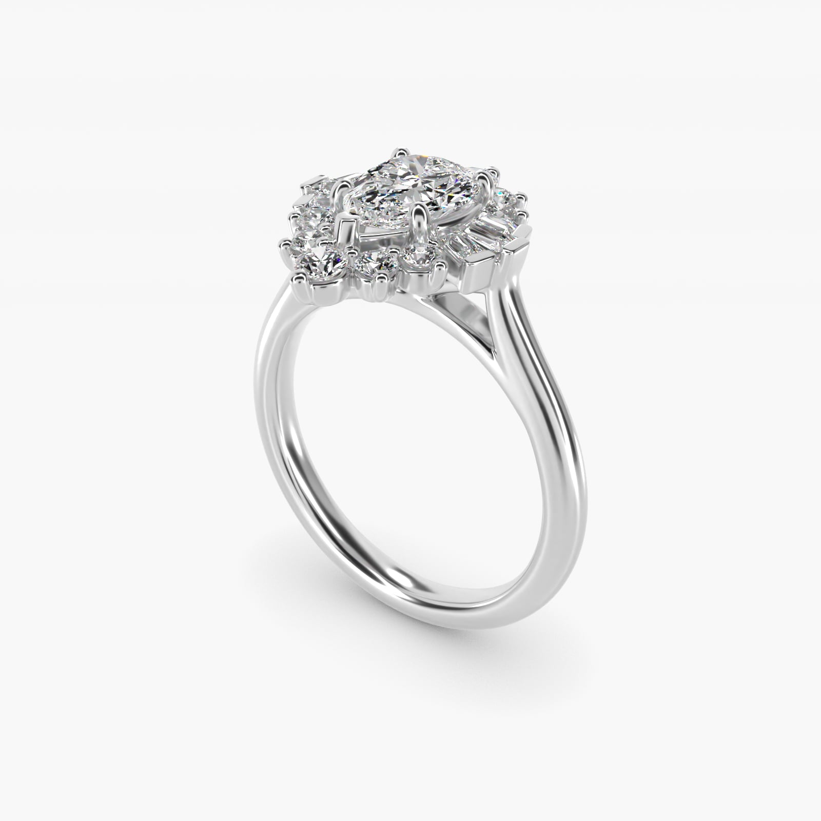 Baguette and Round Ballerina Halo Diamond Engagement Ring in 18k White Gold (1ct. tw.) - Pear Center