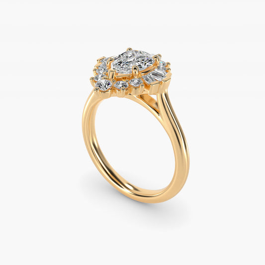 Baguette and Round Ballerina Halo Diamond Engagement Ring in 14k Yellow Gold - Pear Center