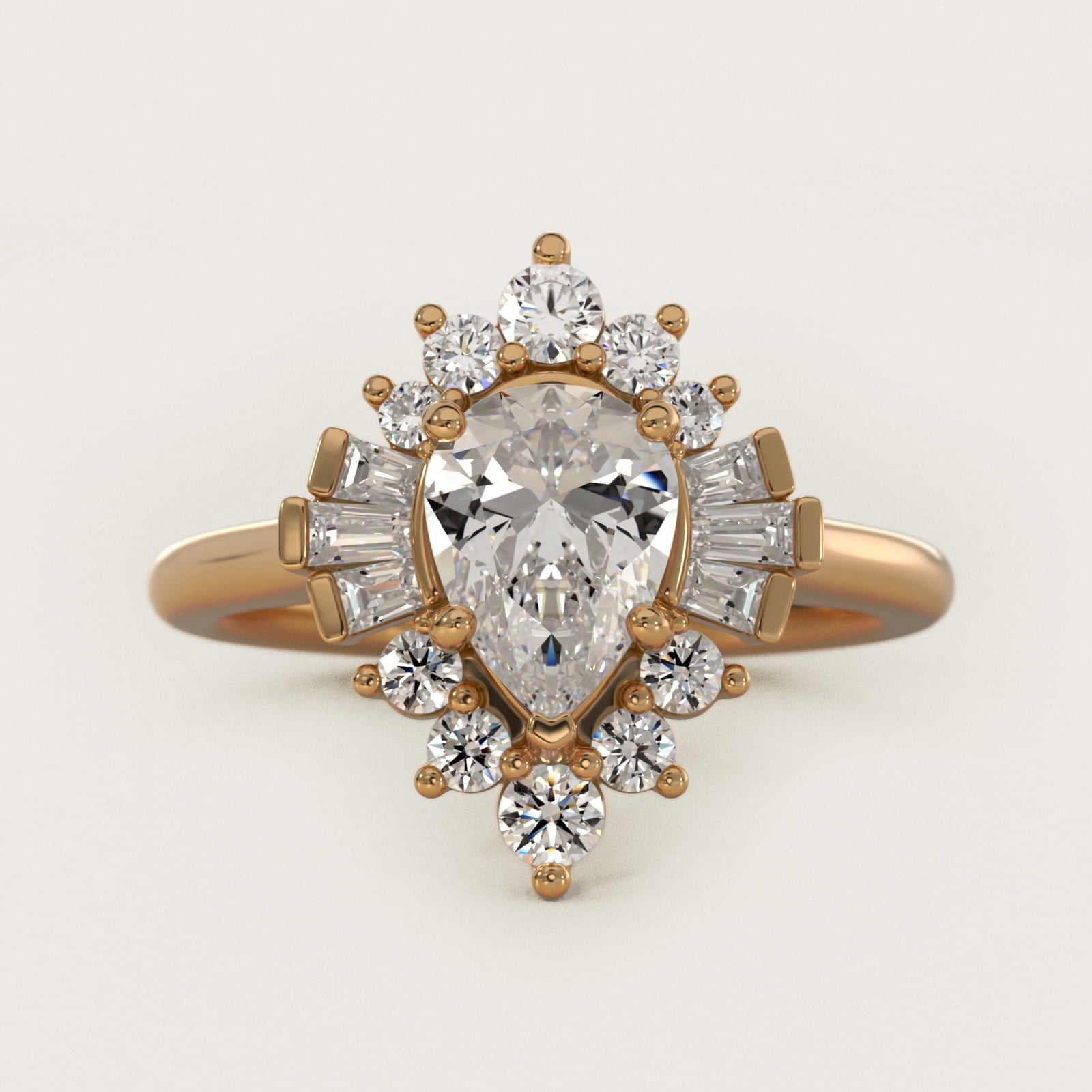 Baguette and Round Ballerina Halo Diamond Engagement Ring in 14k Yellow Gold - Pear Center