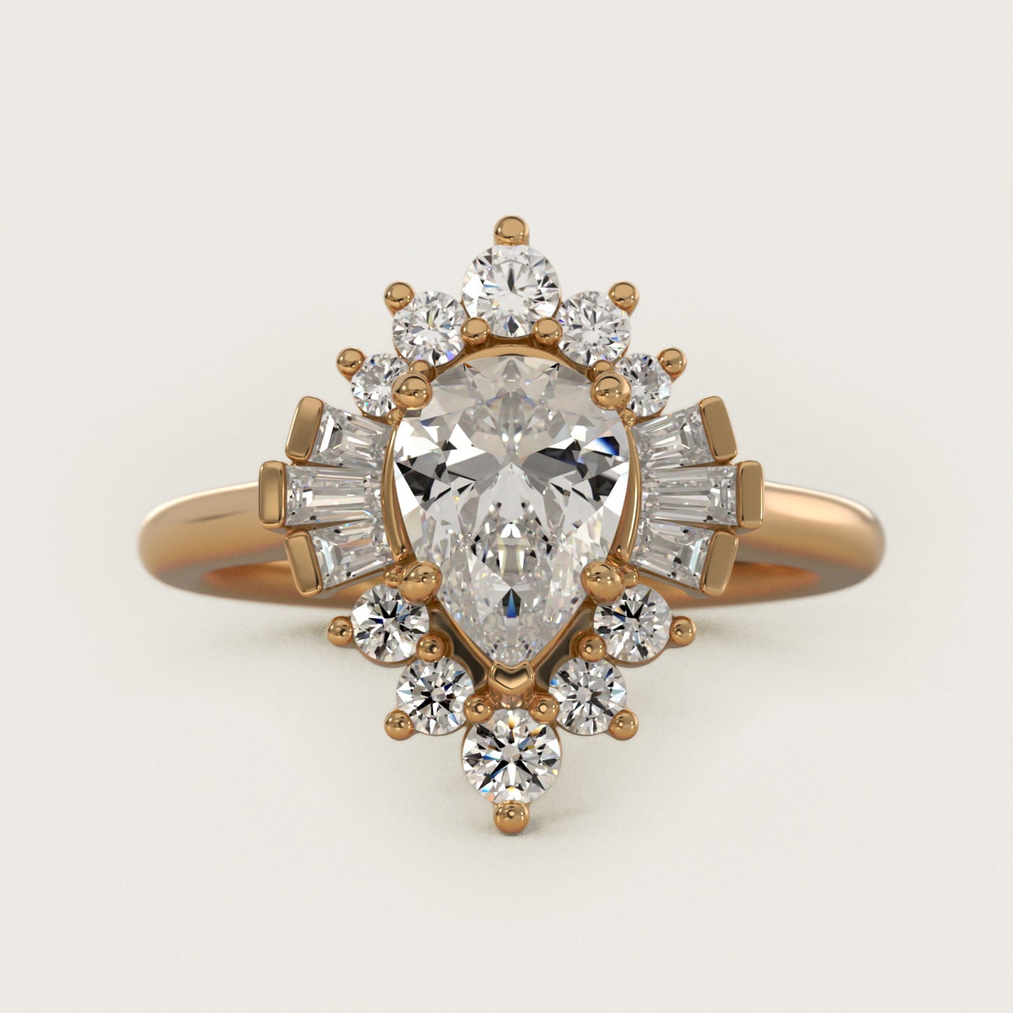 Baguette and Round Ballerina Halo Diamond Engagement Ring in 18k Yellow Gold - Pear Center