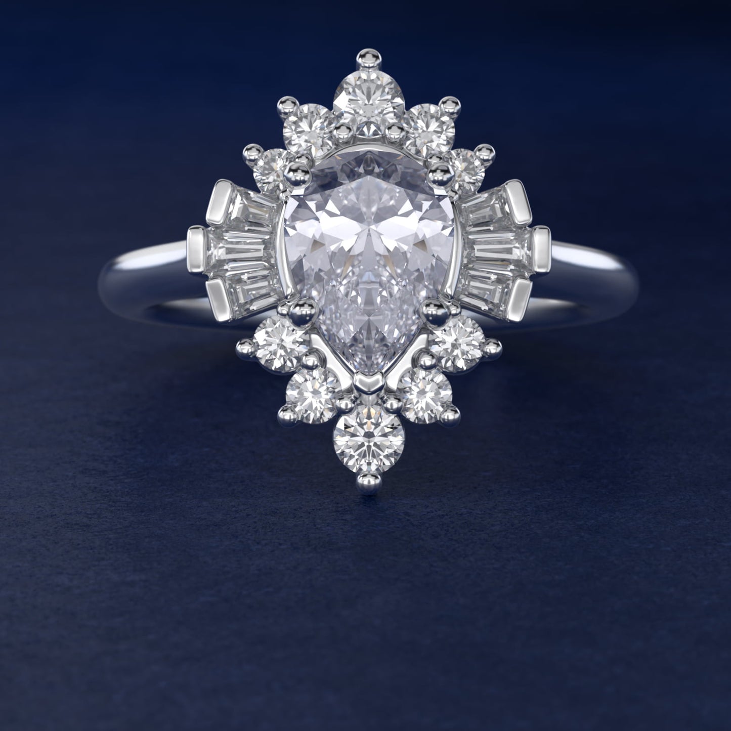 Baguette and Round Ballerina Halo Diamond Engagement Ring in Platinum - Pear Center