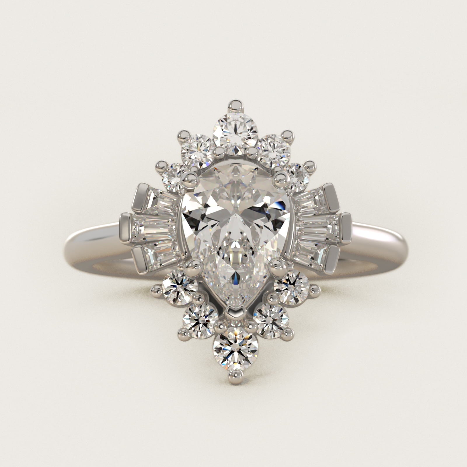Baguette and Round Ballerina Halo Diamond Engagement Ring in Platinum - Pear Center