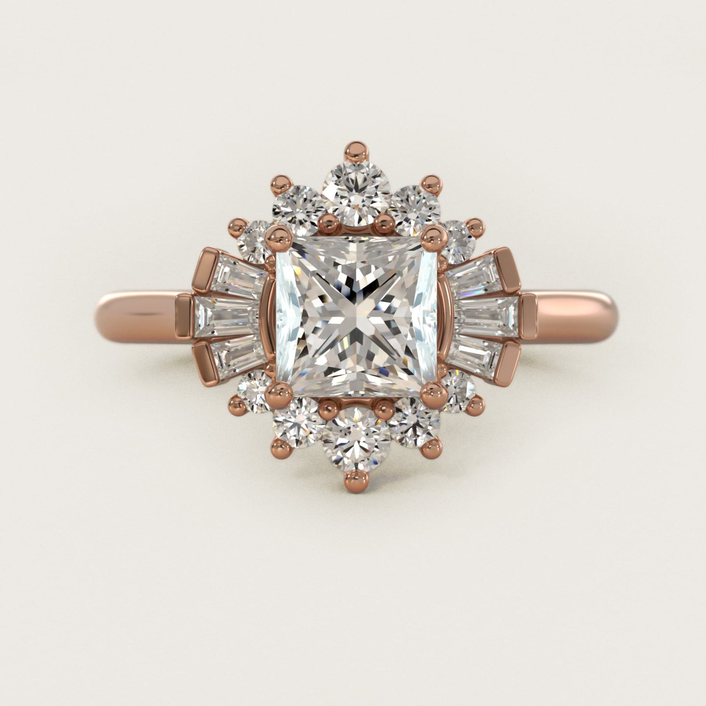 Baguette and Round Ballerina Halo Diamond Engagement Ring in 18k Rose Gold - Princess Center
