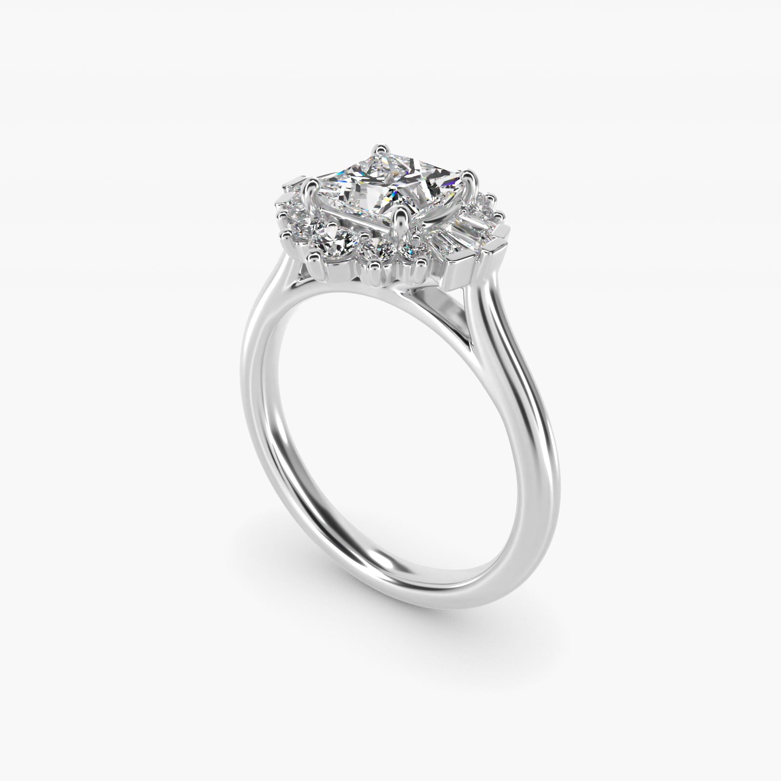 Baguette and Round Ballerina Halo Diamond Engagement Ring in 14k White Gold (1ct. tw.) - Princess Center
