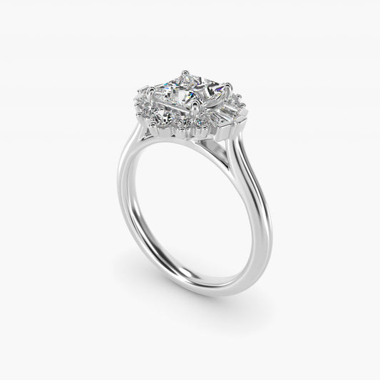 Baguette and Round Ballerina Halo Diamond Engagement Ring in 18k White Gold (1ct. tw.) - Princess Center
