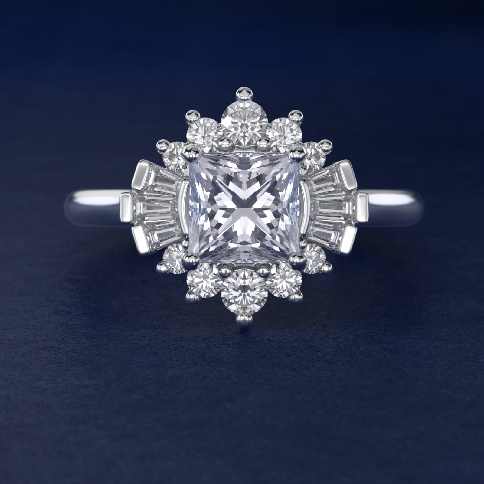 Baguette and Round Ballerina Halo Diamond Engagement Ring in 18k White Gold (1ct. tw.) - Princess Center