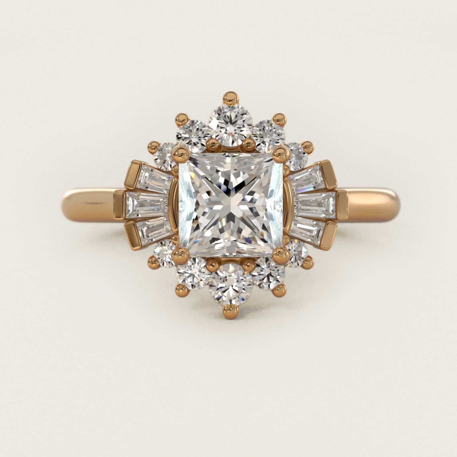 Baguette and Round Ballerina Halo Diamond Engagement Ring in 14k Yellow Gold - Princess Center