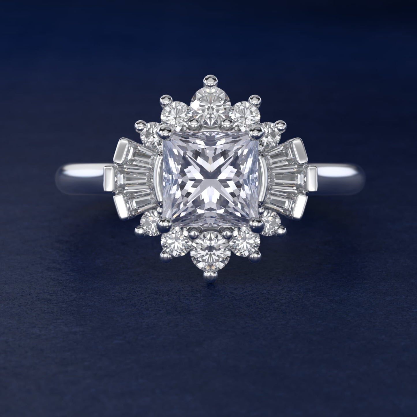 Baguette and Round Ballerina Halo Diamond Engagement Ring in Platinum - Princess Center