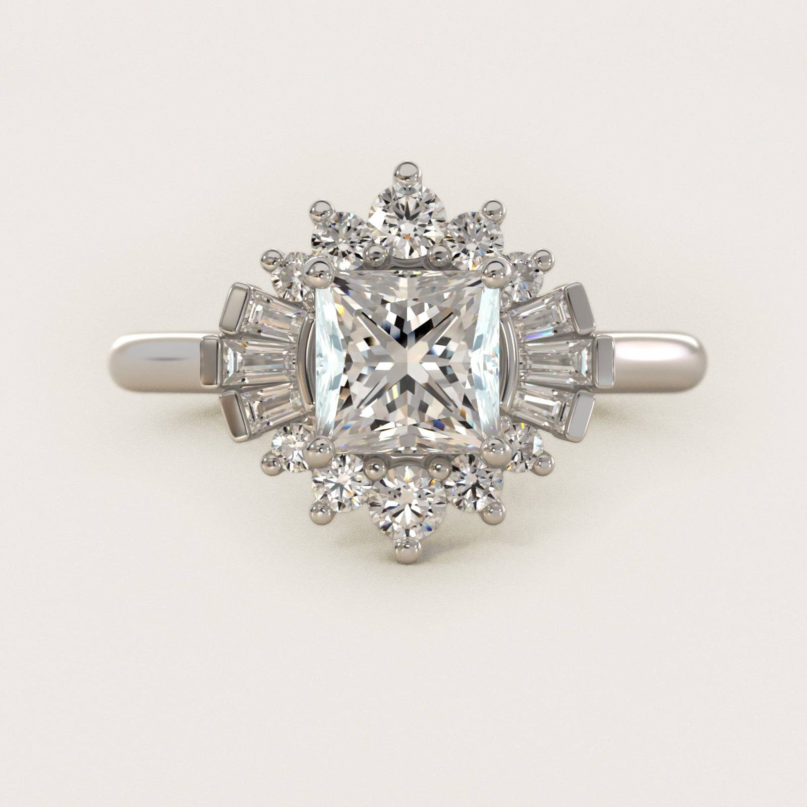 Baguette and Round Ballerina Halo Diamond Engagement Ring in Platinum - Princess Center