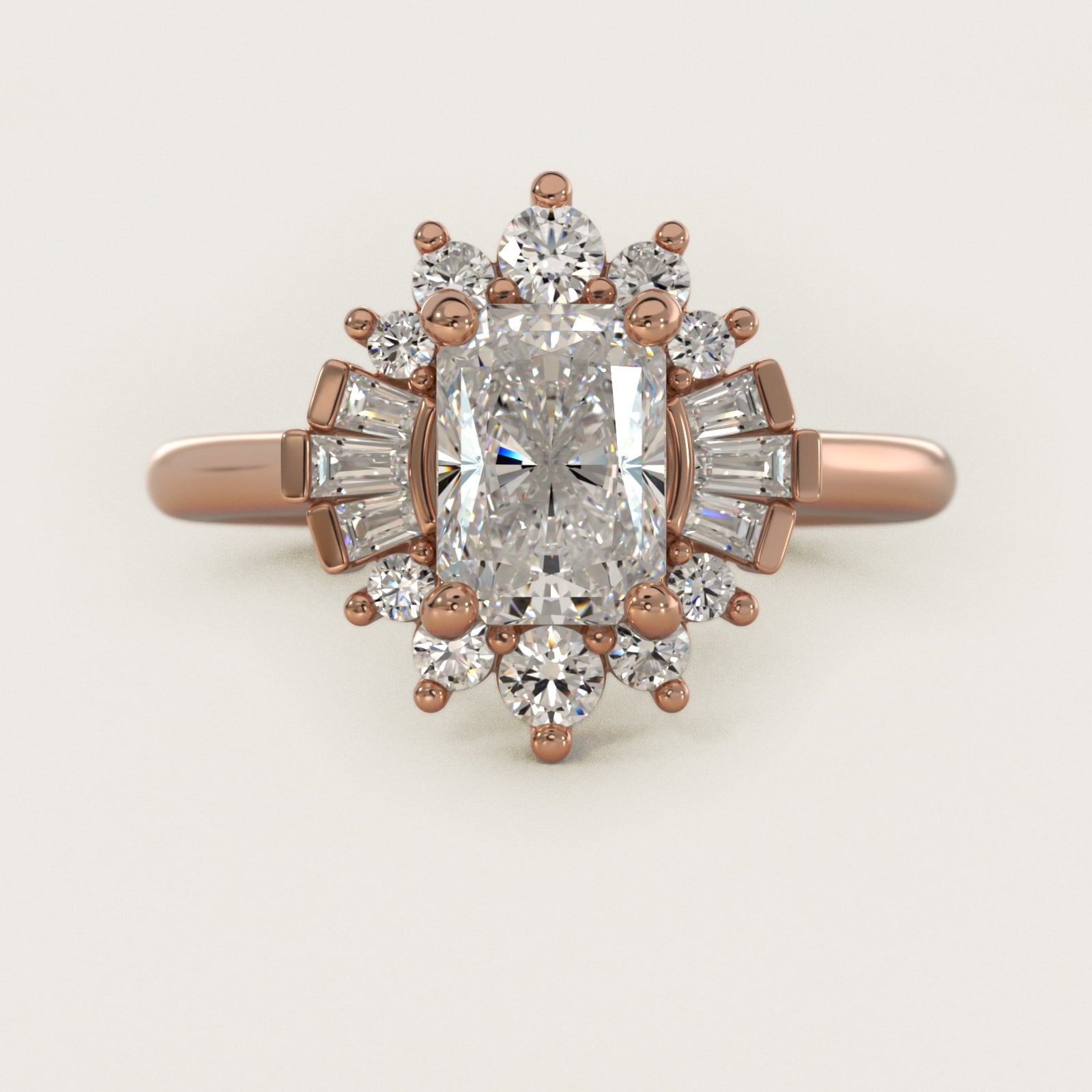 Baguette and Round Ballerina Halo Diamond Engagement Ring in 18k Rose Gold - Radiant Center