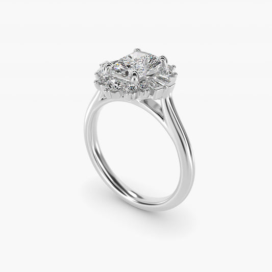 Baguette and Round Ballerina Halo Diamond Engagement Ring in 14k White Gold (1ct. tw.) - Radiant Center