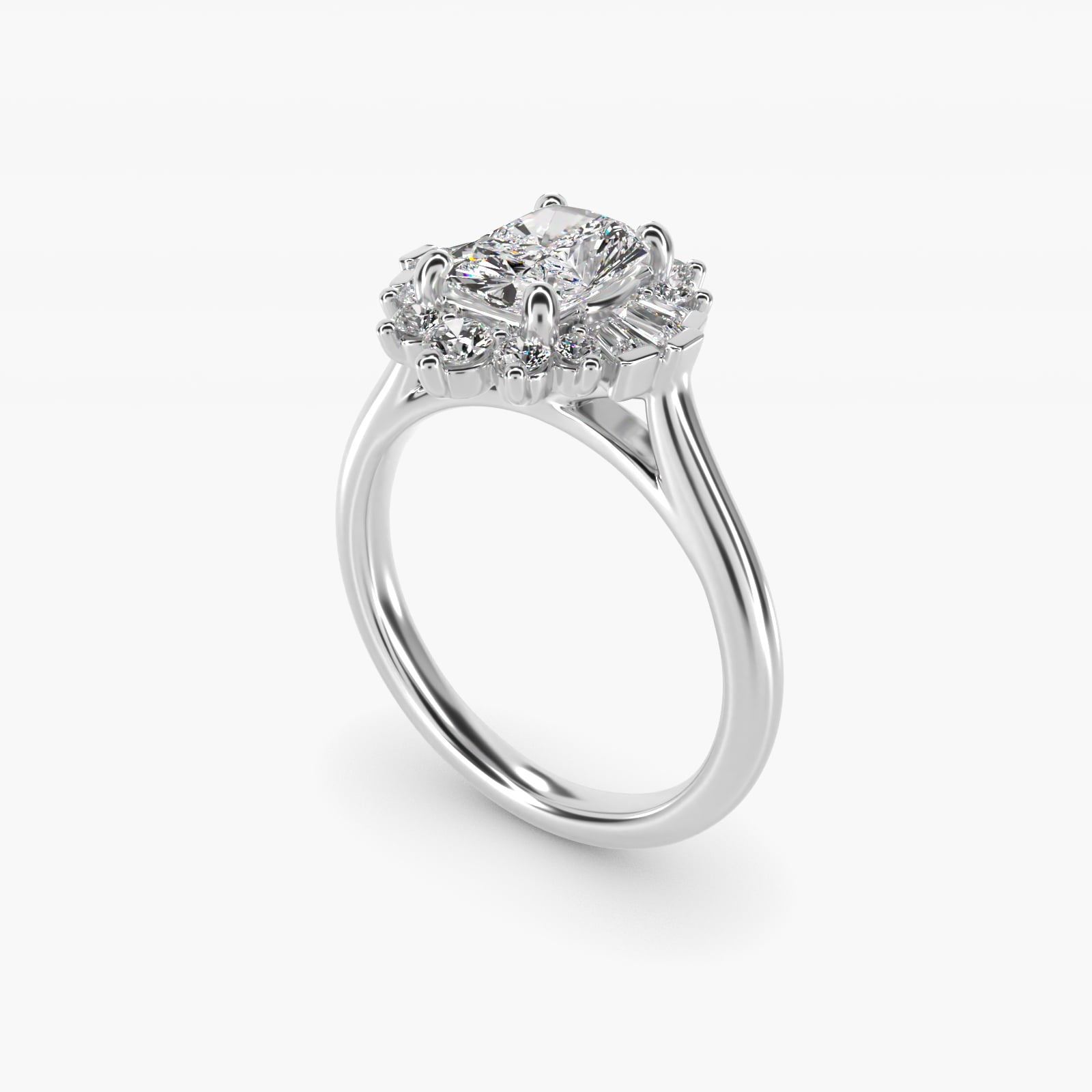 Baguette and Round Ballerina Halo Diamond Engagement Ring in 18k White Gold (1ct. tw.) - Radiant Center