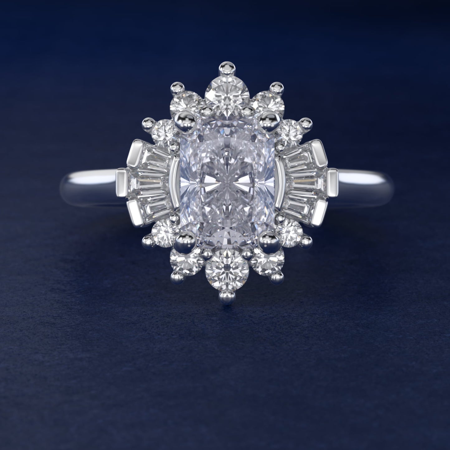 Baguette and Round Ballerina Halo Diamond Engagement Ring in 14k White Gold (1ct. tw.) - Radiant Center