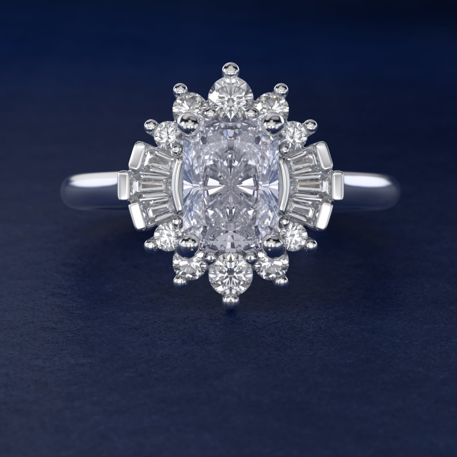 Baguette and Round Ballerina Halo Diamond Engagement Ring in 14k White Gold (1ct. tw.) - Radiant Center