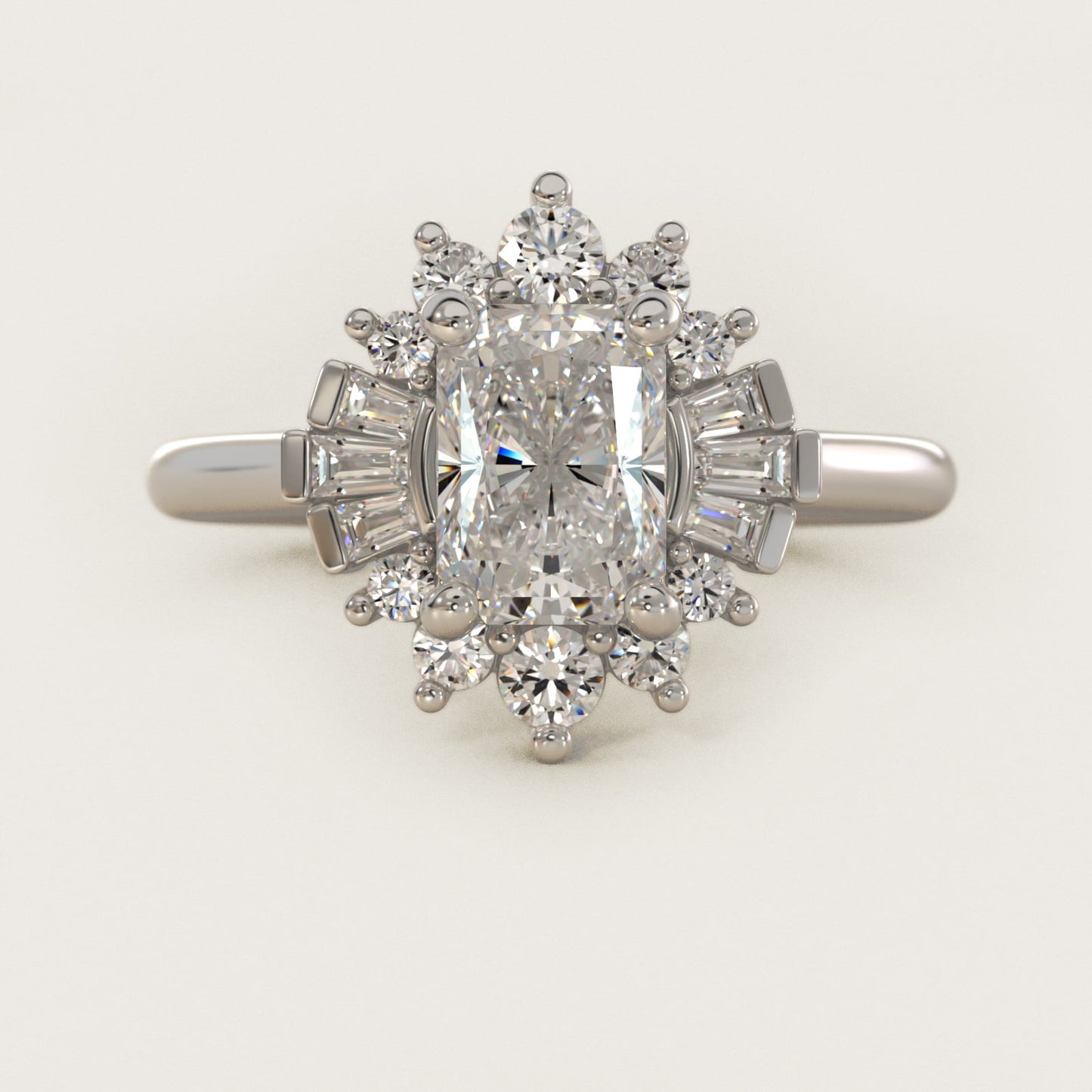 Baguette and Round Ballerina Halo Diamond Engagement Ring in 18k White Gold (1ct. tw.) - Radiant Center
