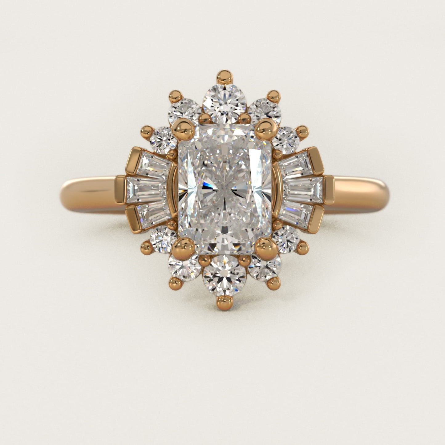 Baguette and Round Ballerina Halo Diamond Engagement Ring in 18k Yellow Gold - Radiant Center
