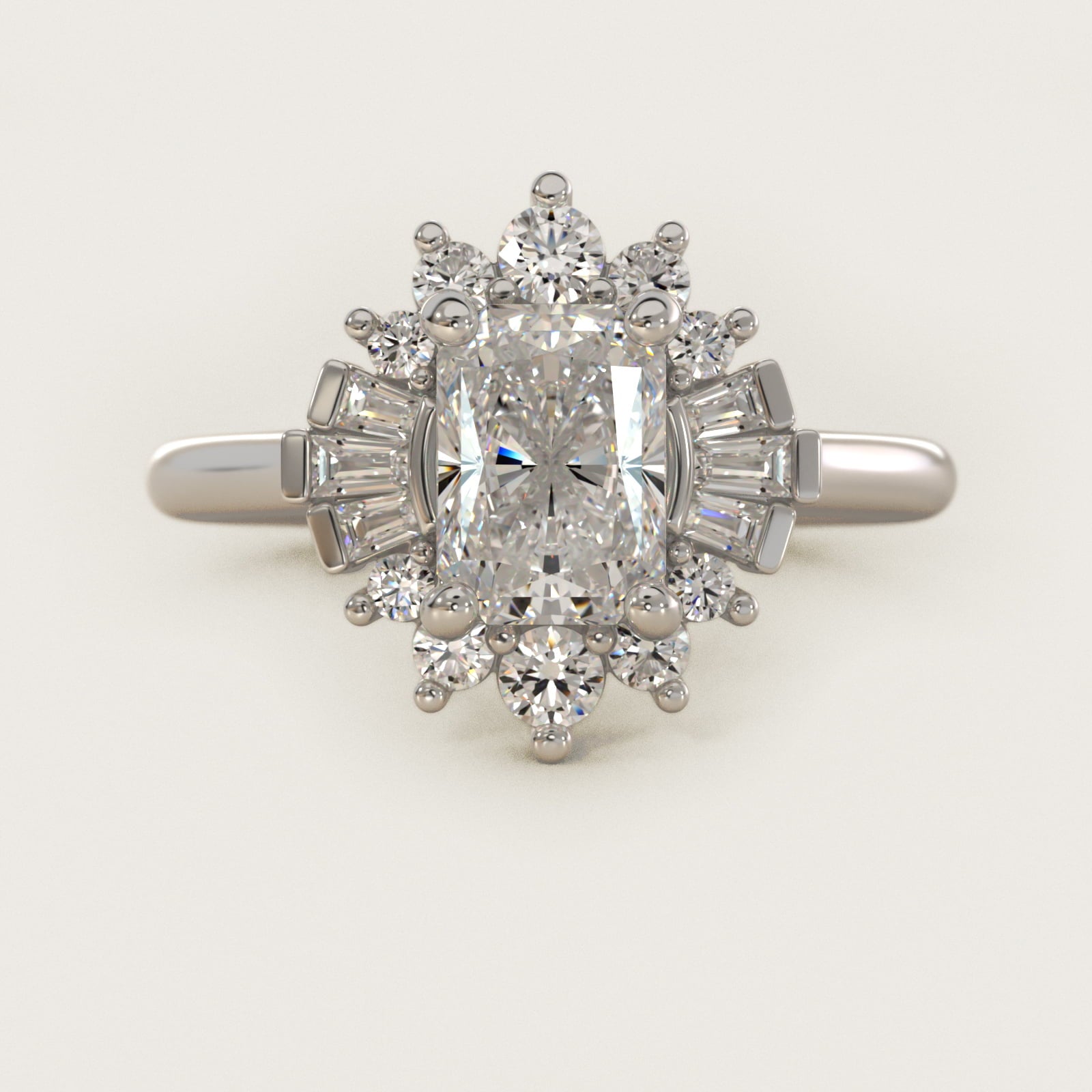 Baguette and Round Ballerina Halo Diamond Engagement Ring in Platinum - Radiant Center