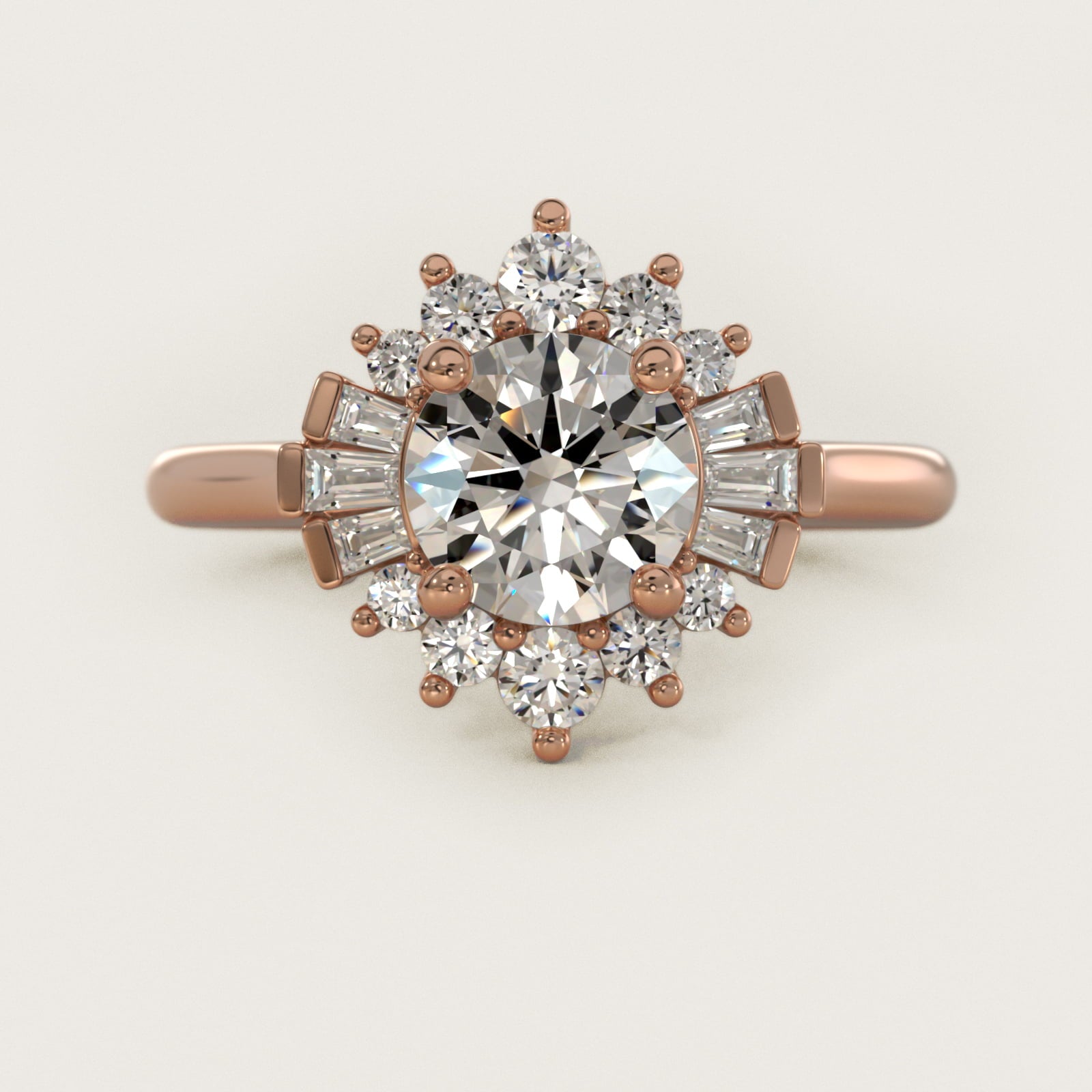 Baguette and Round Ballerina Halo Diamond Engagement Ring in 14k Rose Gold - Round Center
