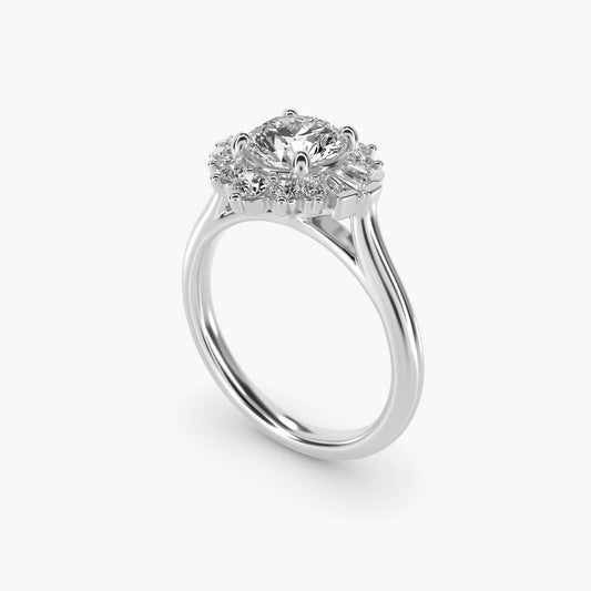 Baguette and Round Ballerina Halo Diamond Engagement Ring in 18k White Gold (1ct. tw.) - Round Center