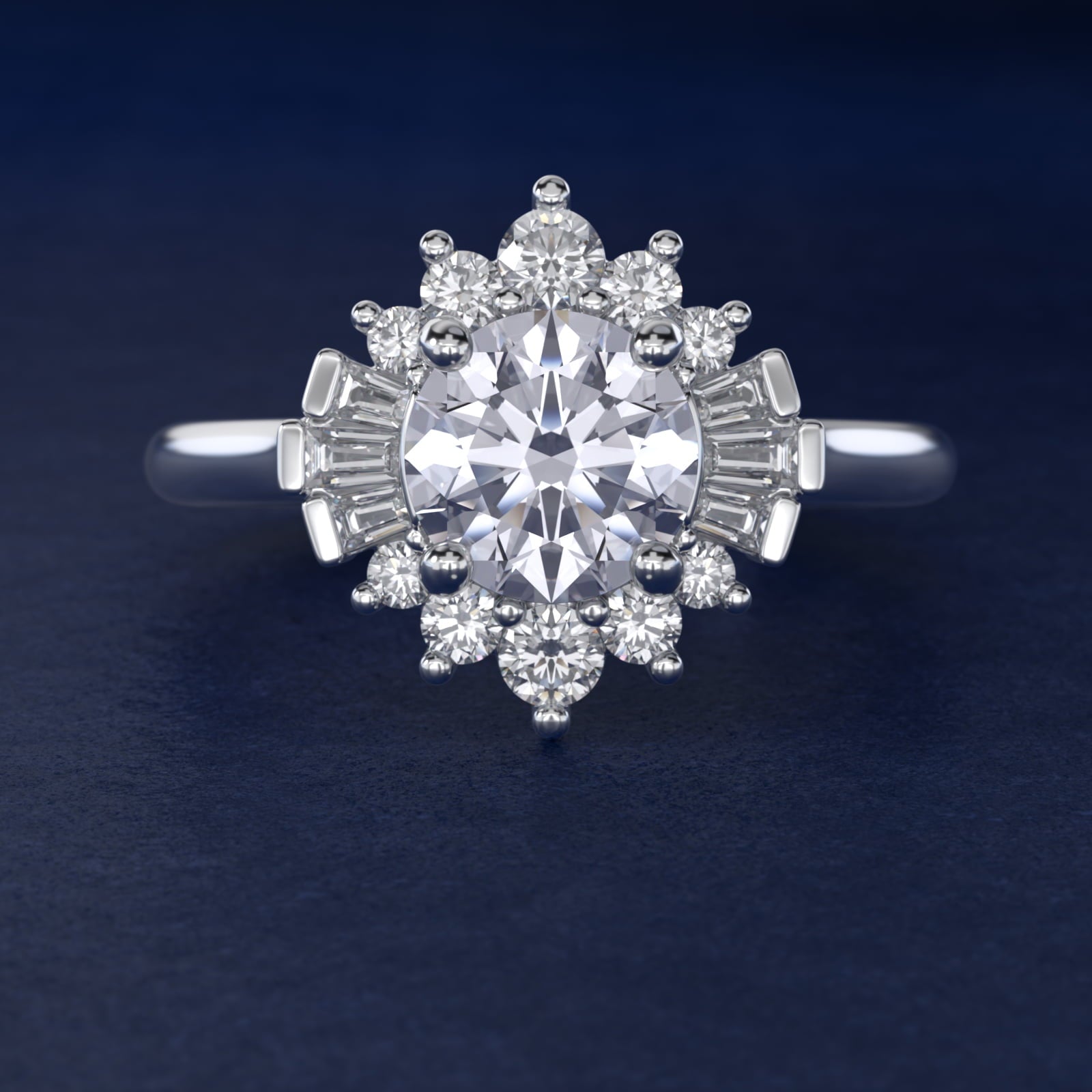 Baguette and Round Ballerina Halo Diamond Engagement Ring in 18k White Gold (1ct. tw.) - Round Center
