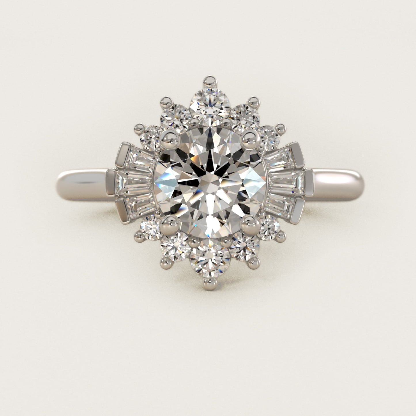 Baguette and Round Ballerina Halo Diamond Engagement Ring in 14k White Gold (1ct. tw.) - Round Center