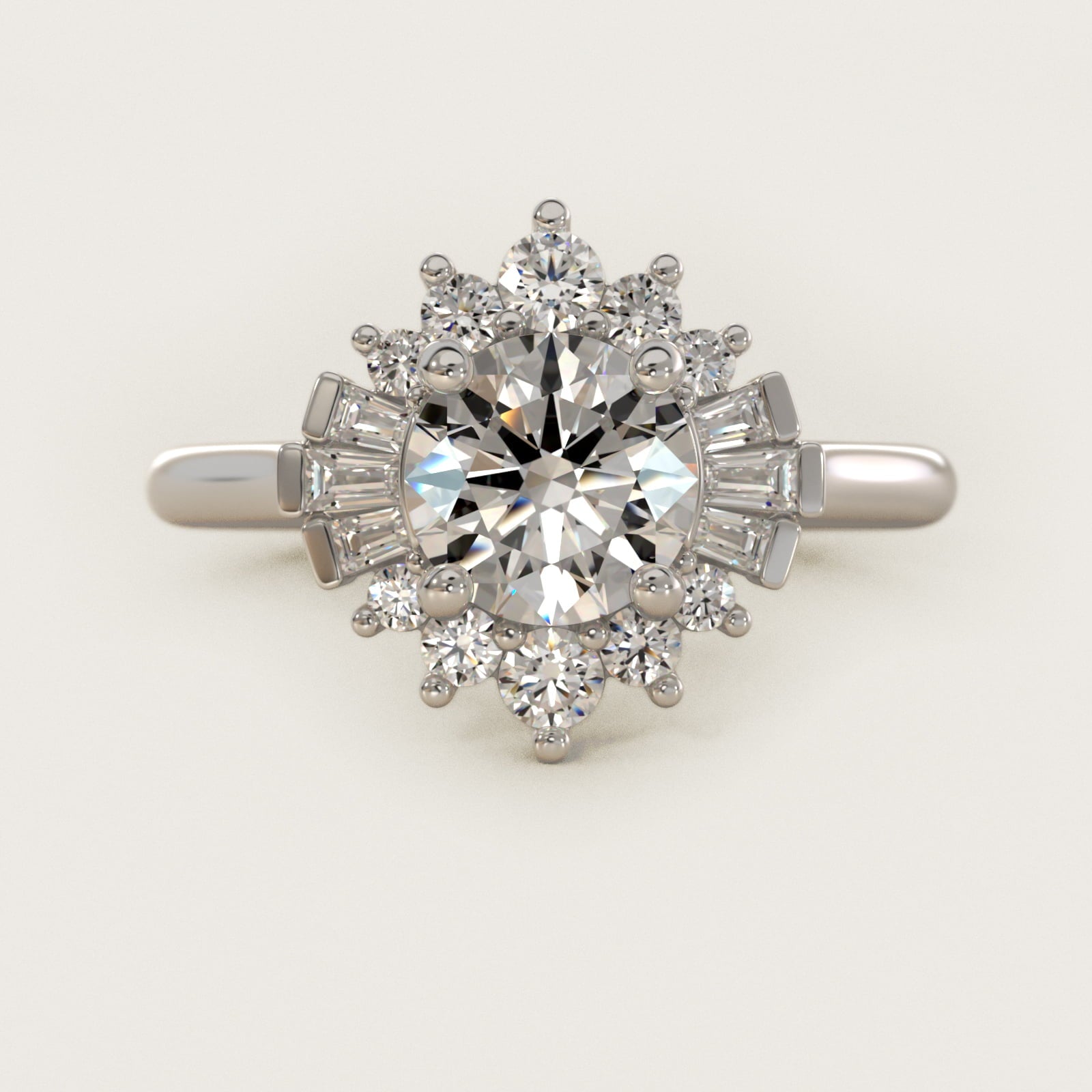 Baguette and Round Ballerina Halo Diamond Engagement Ring in 14k White Gold (1ct. tw.) - Round Center