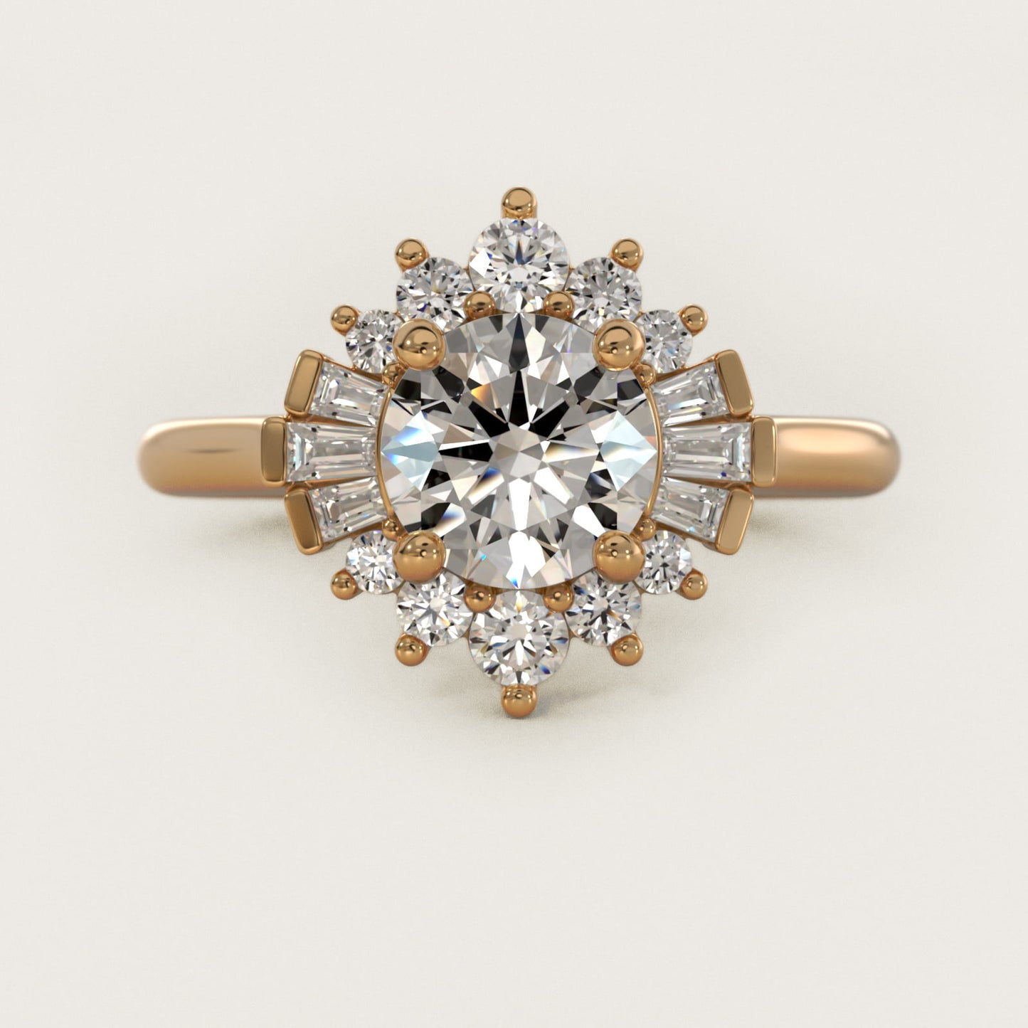 Baguette and Round Ballerina Halo Diamond Engagement Ring in 14k Yellow Gold - Round Center
