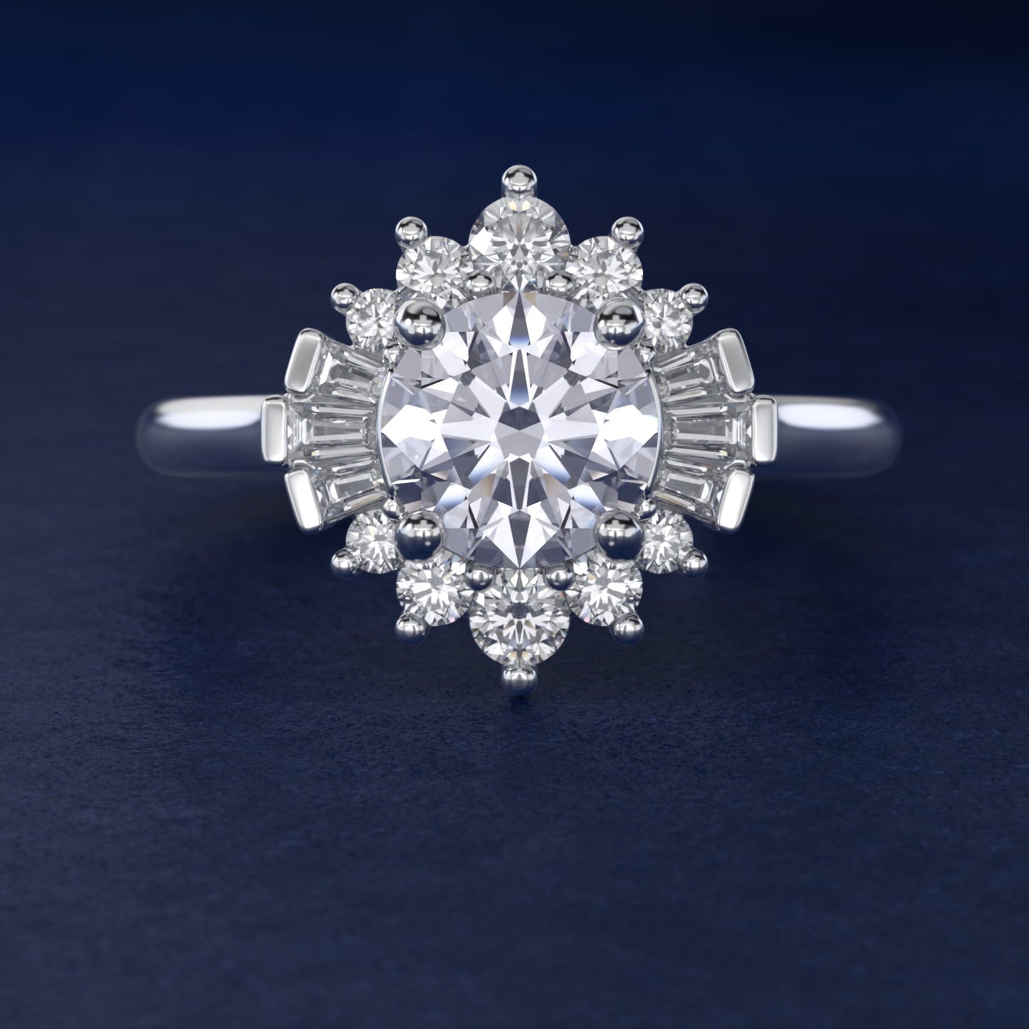 Baguette and Round Ballerina Halo Diamond Engagement Ring in Platinum - Round Center
