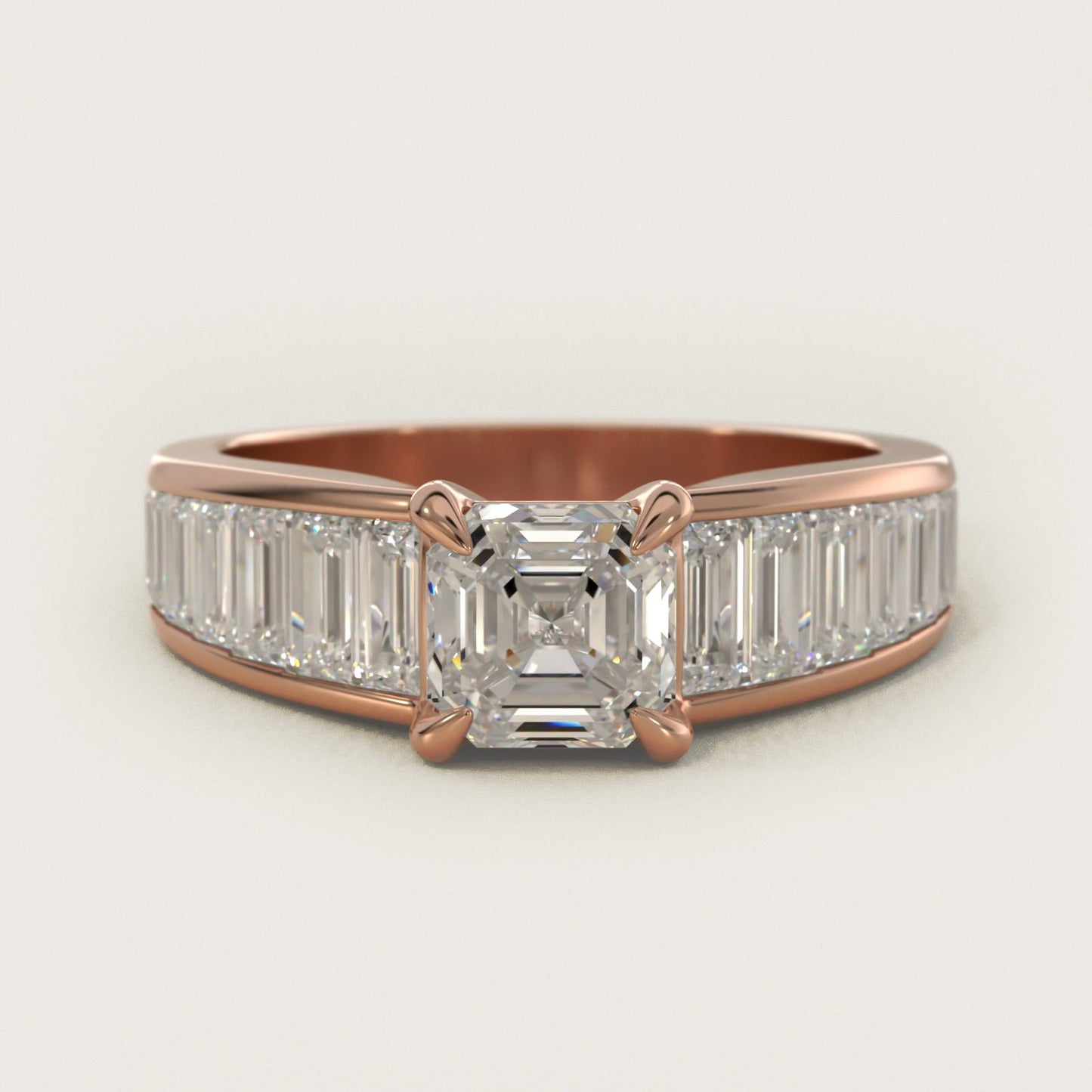 Baguette Channel Diamond Engagement Ring in 18k Rose Gold - Asscher Center
