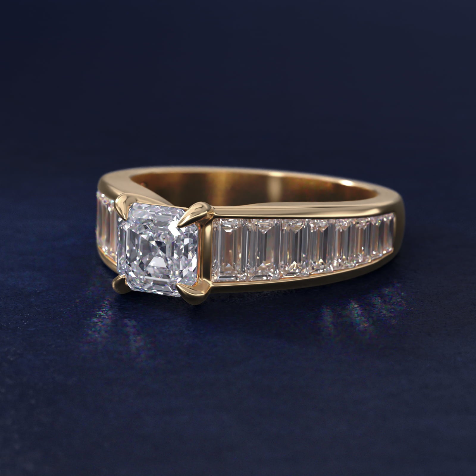 Baguette Channel Diamond Engagement Ring in 18k Yellow Gold - Asscher Center