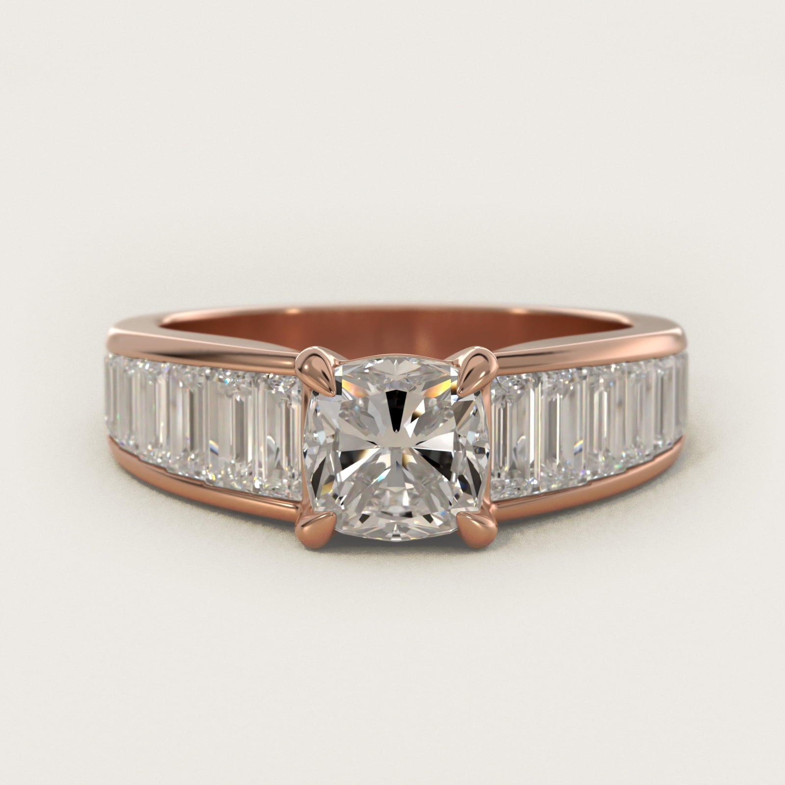 Baguette Channel Diamond Engagement Ring in 18k Rose Gold - Cushion Center