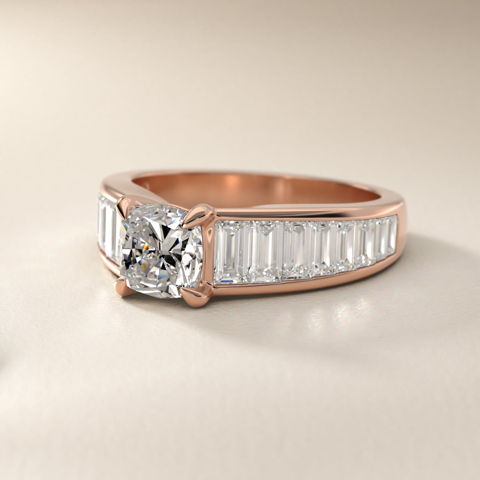 Baguette Channel Diamond Engagement Ring in 14k Rose Gold - Cushion Center