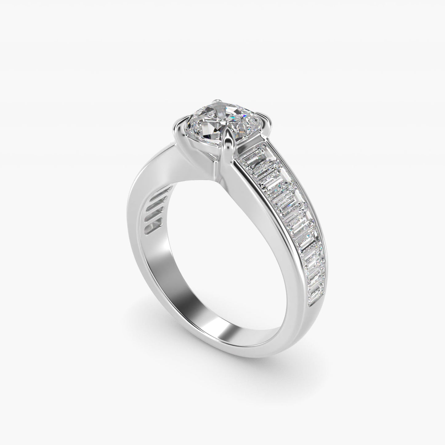 Baguette Channel Diamond Engagement Ring in 18k White Gold - Cushion Center