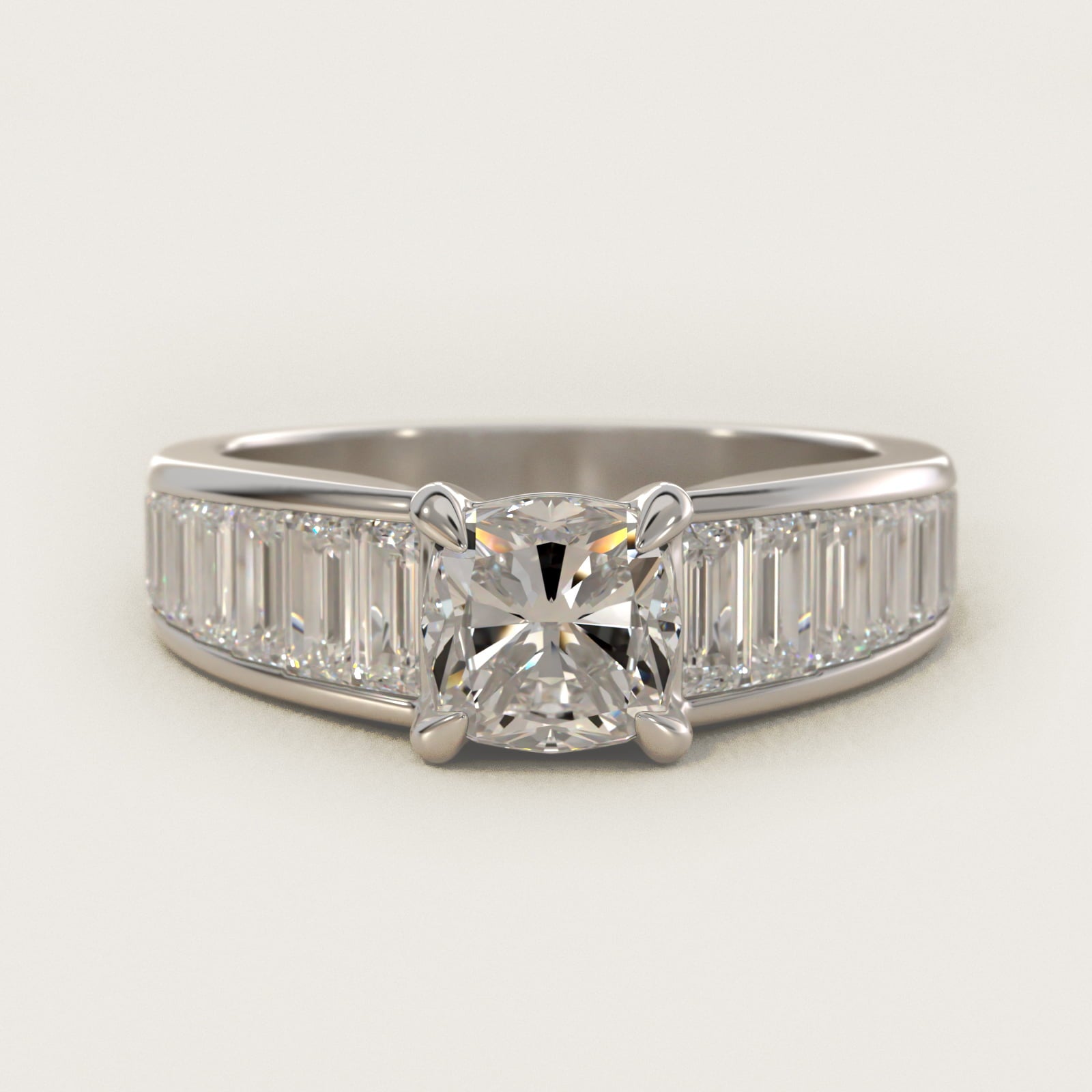 Baguette Channel Diamond Engagement Ring in 18k White Gold - Cushion Center