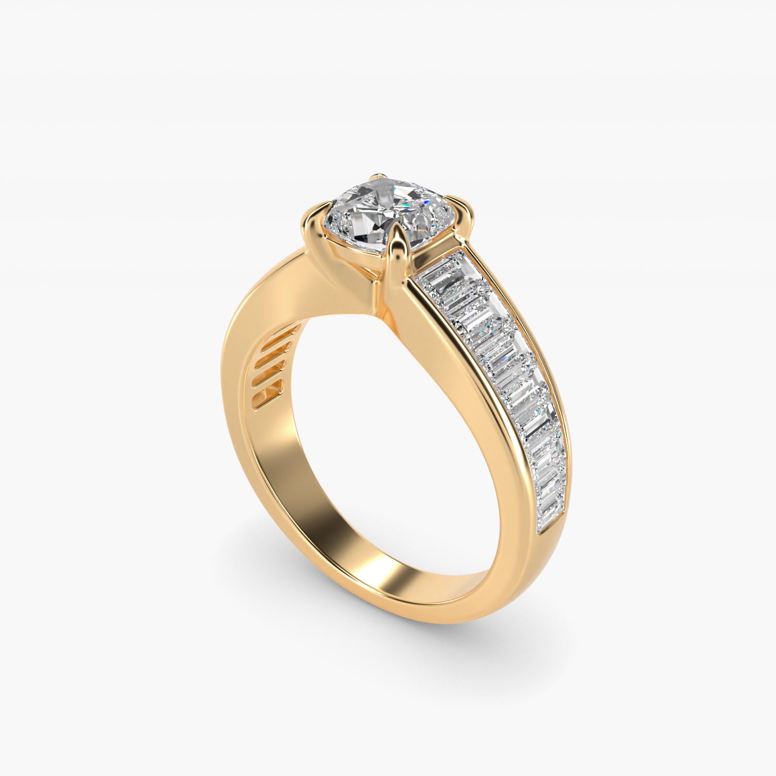 Baguette Channel Diamond Engagement Ring in 18k Yellow Gold - Cushion Center