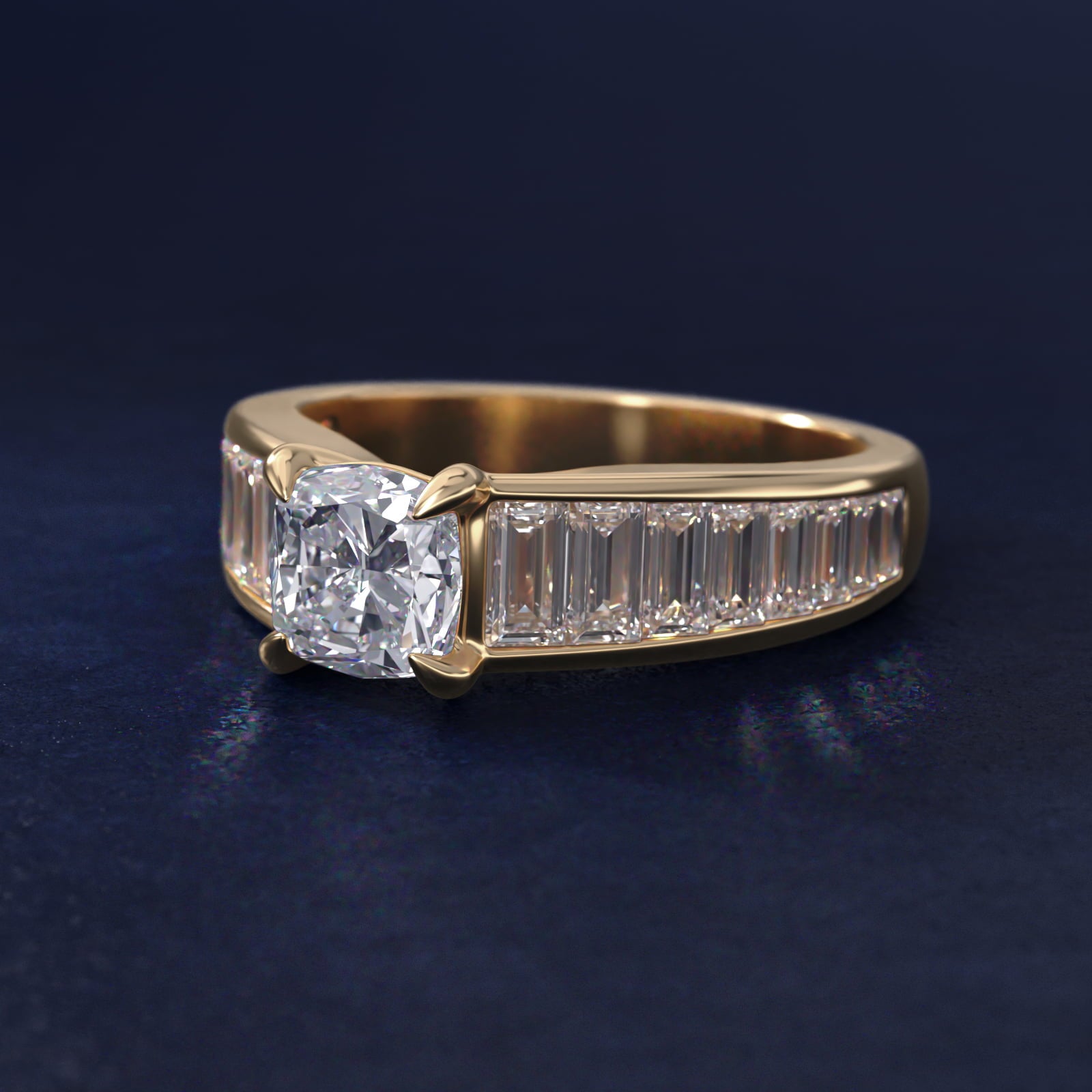 Baguette Channel Diamond Engagement Ring in 18k Yellow Gold - Cushion Center