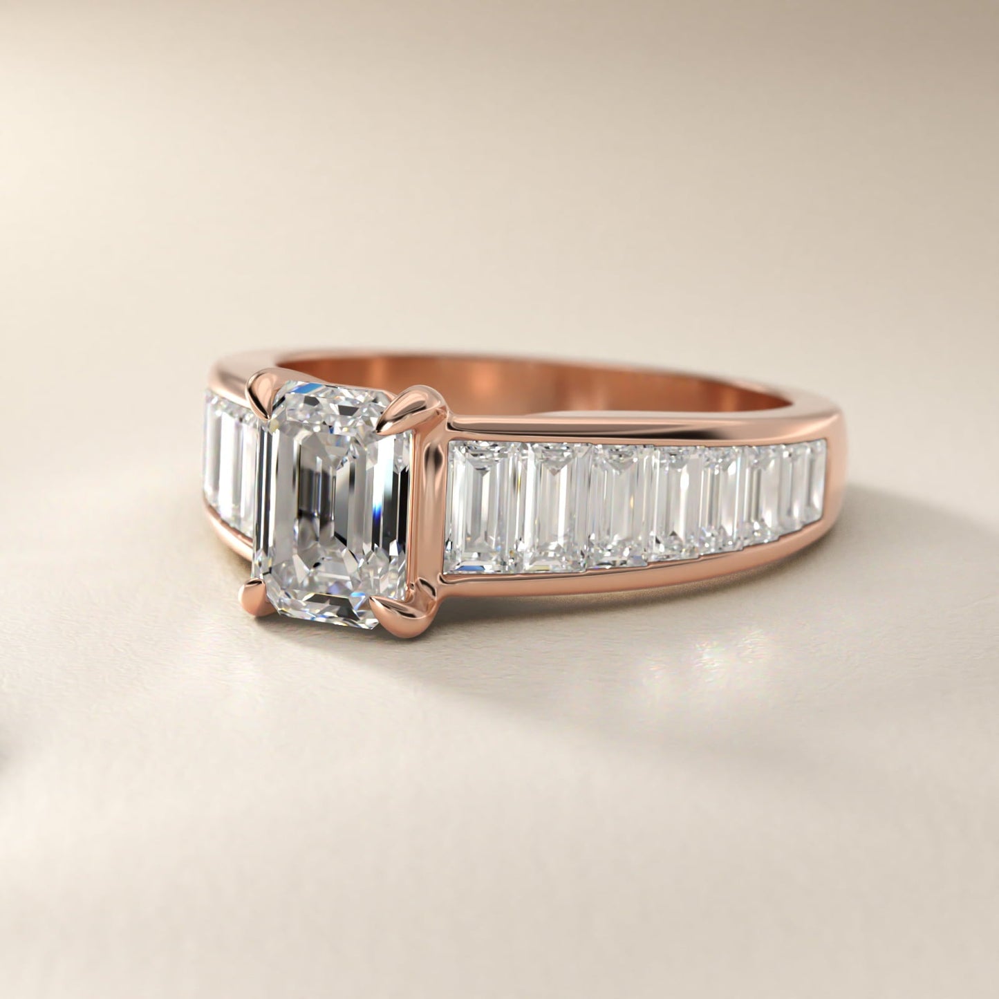 Baguette Channel Diamond Engagement Ring in 18k Rose Gold - Emerald Center