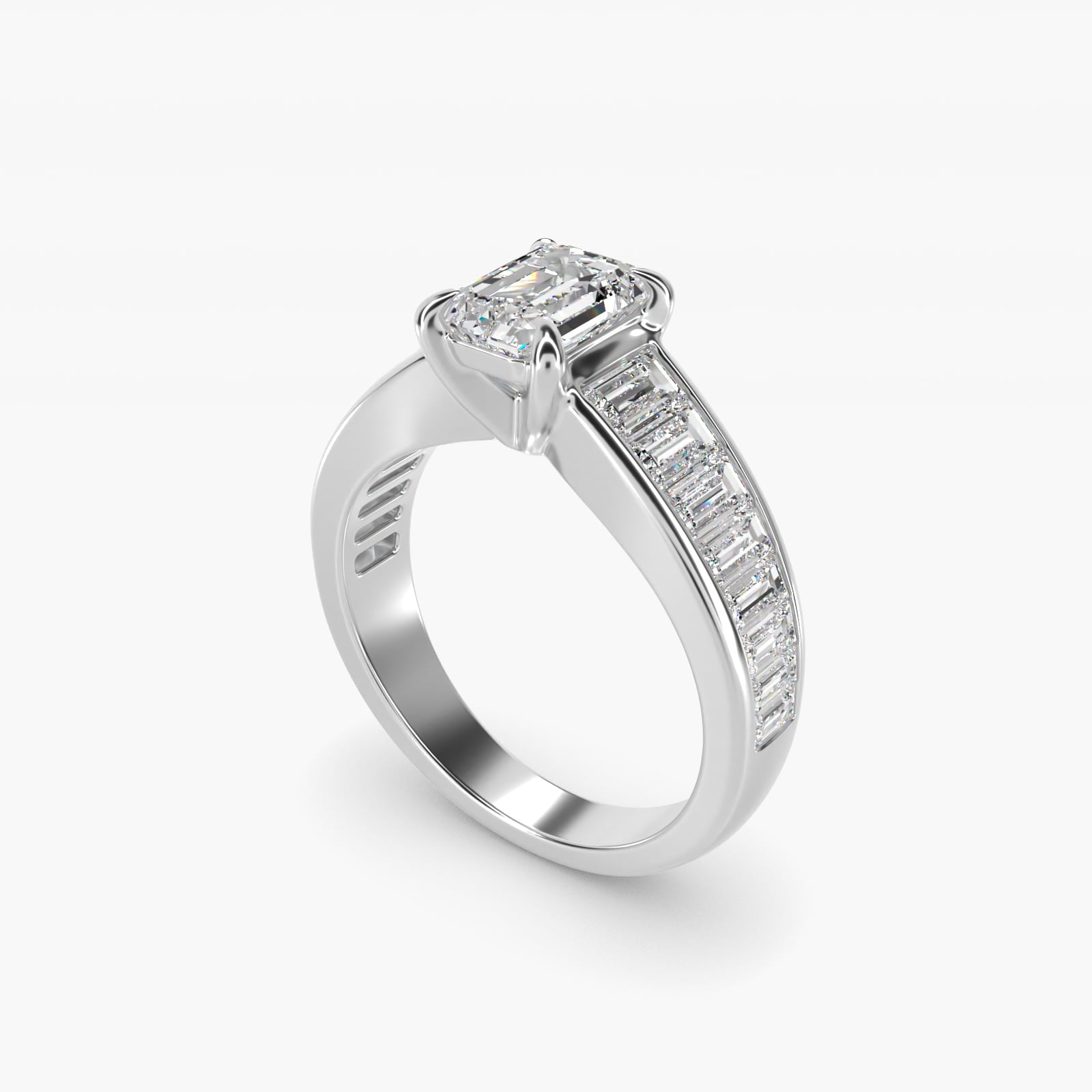 Baguette Channel Diamond Engagement Ring in 18k White Gold - Emerald Center